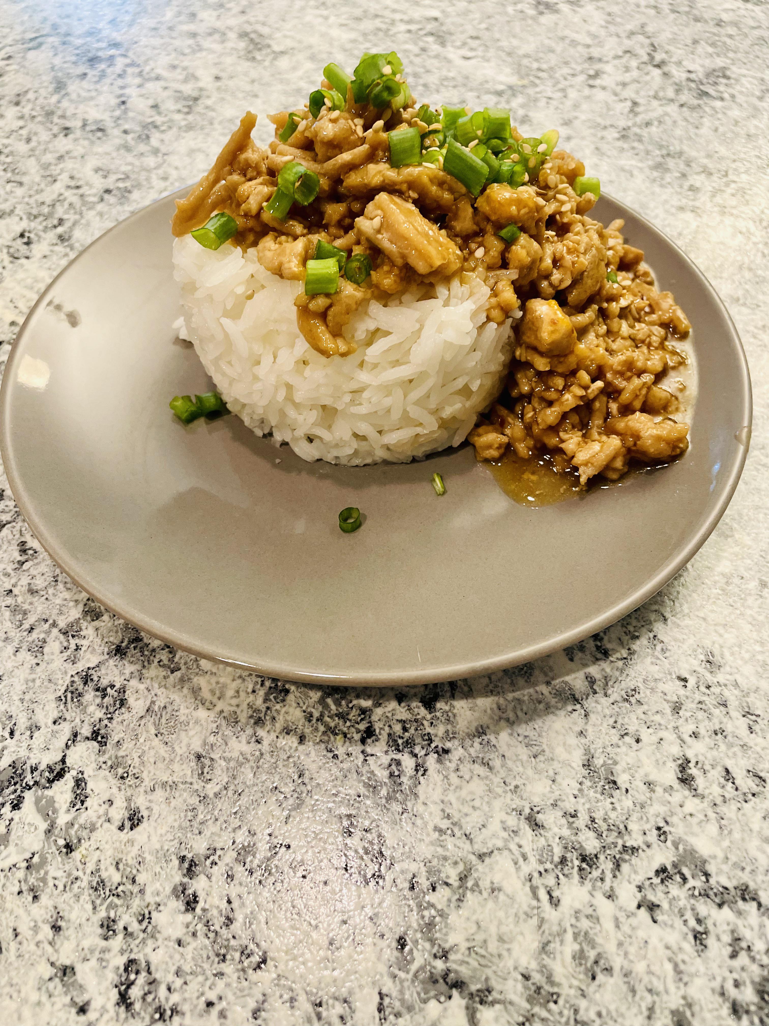 [Homemade] orange ground chicken and jasmine rice. r/food