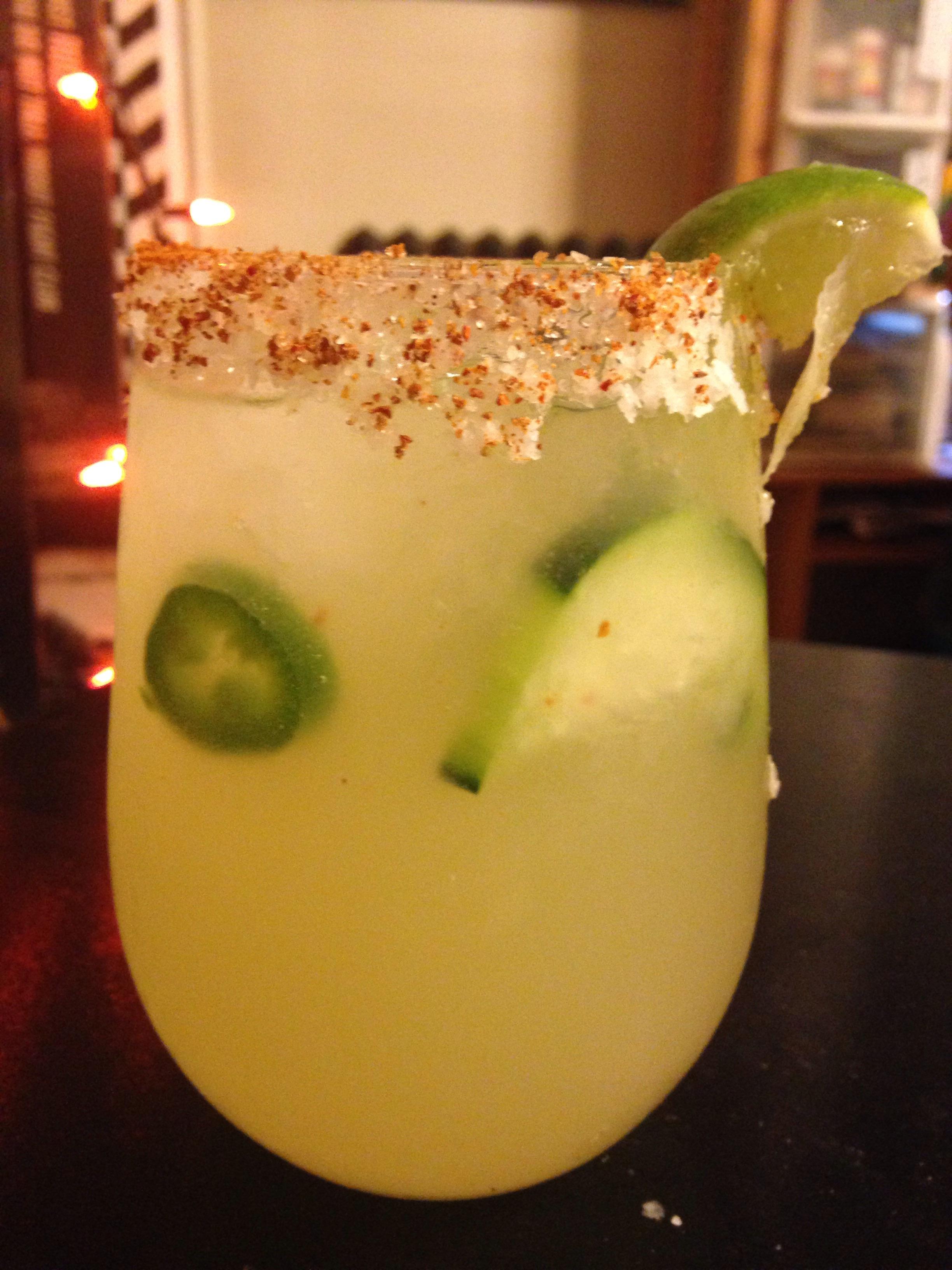 [I made and drank] A jalapeño, cucumber margarita, garnished with a