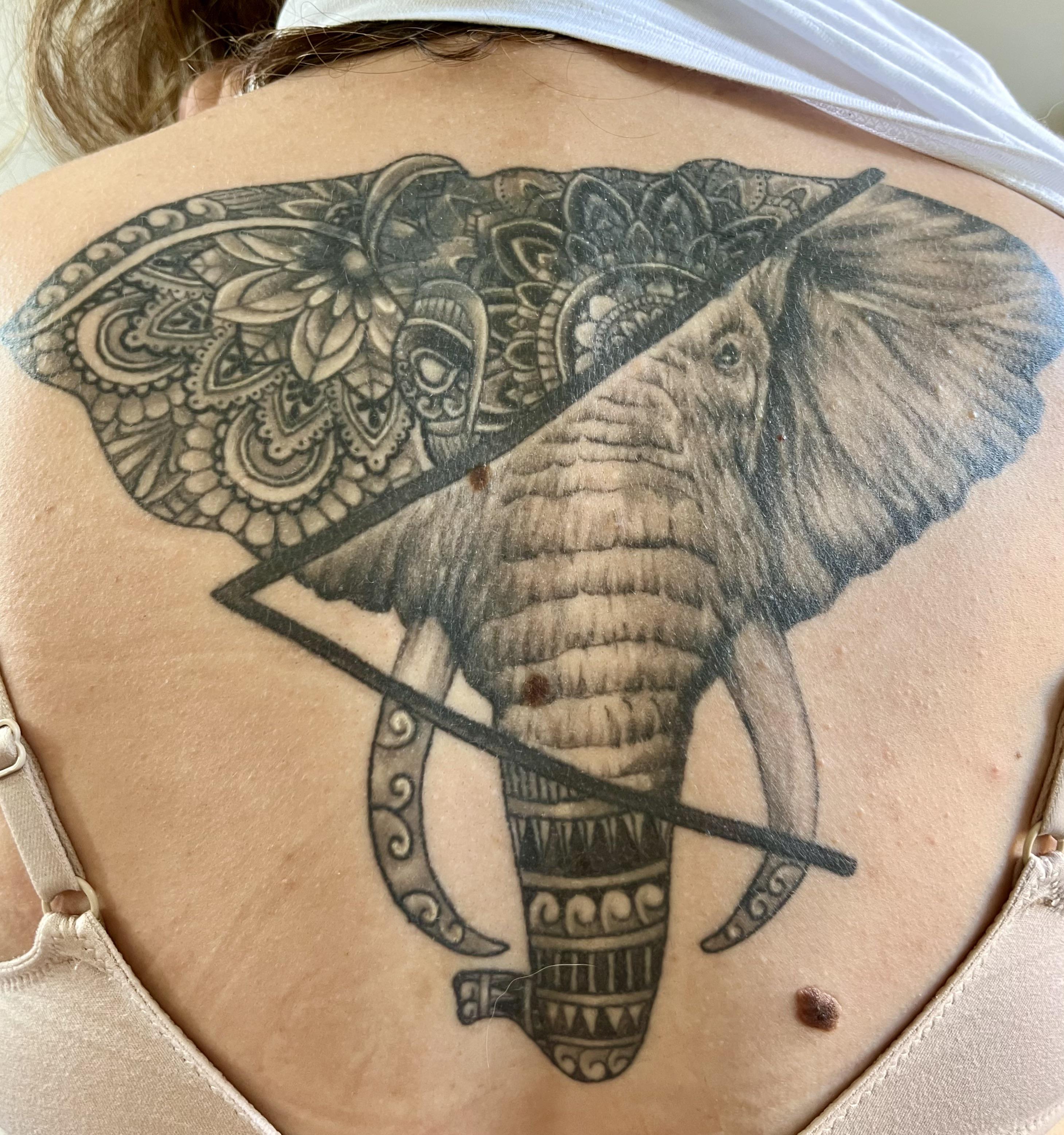 Mavis the Elephant, done by Chris Pearson at Mr P’s Tattoo Studio in