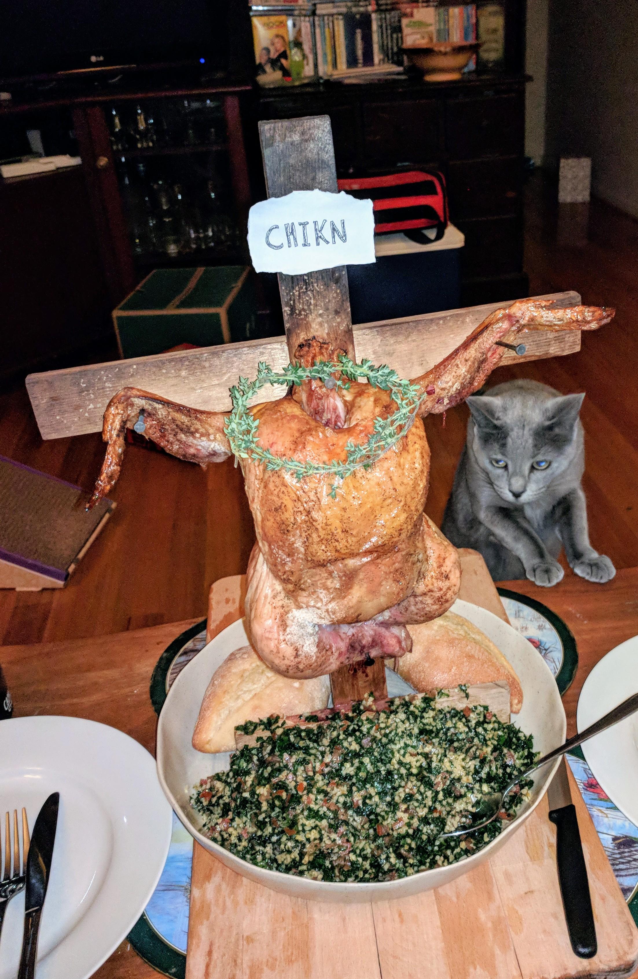 Chicken fried on the cross for our dindins. r/pics