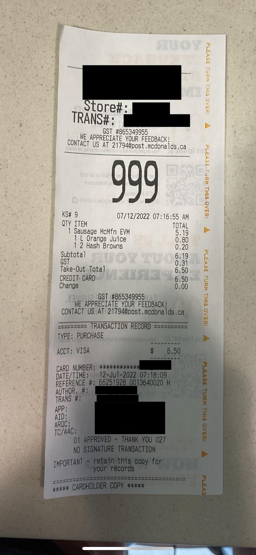 McDonald’s receipt order number r/mildlyinteresting