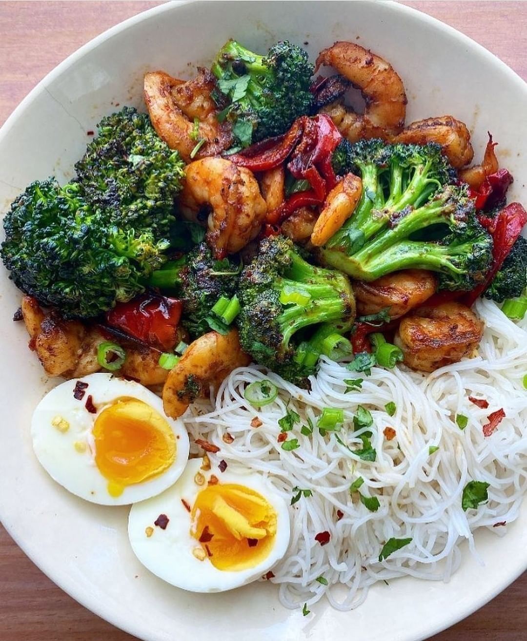Shrimp & broccoli sautéed in chili oil sauce with leftover roasted red