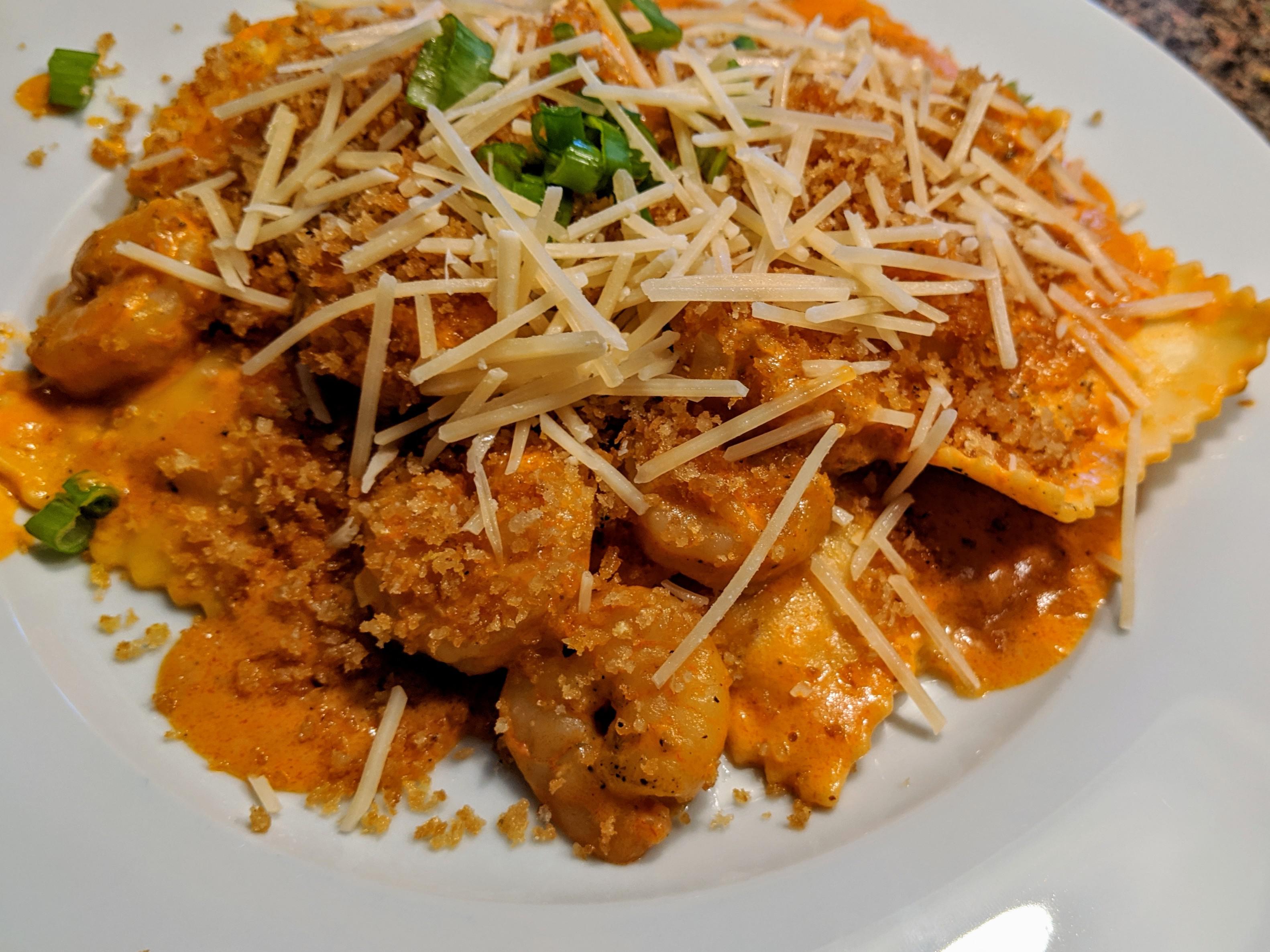 Lobster Ravioli & Shrimp in a Tomato Cream Sauce. Pretty easy and tasty