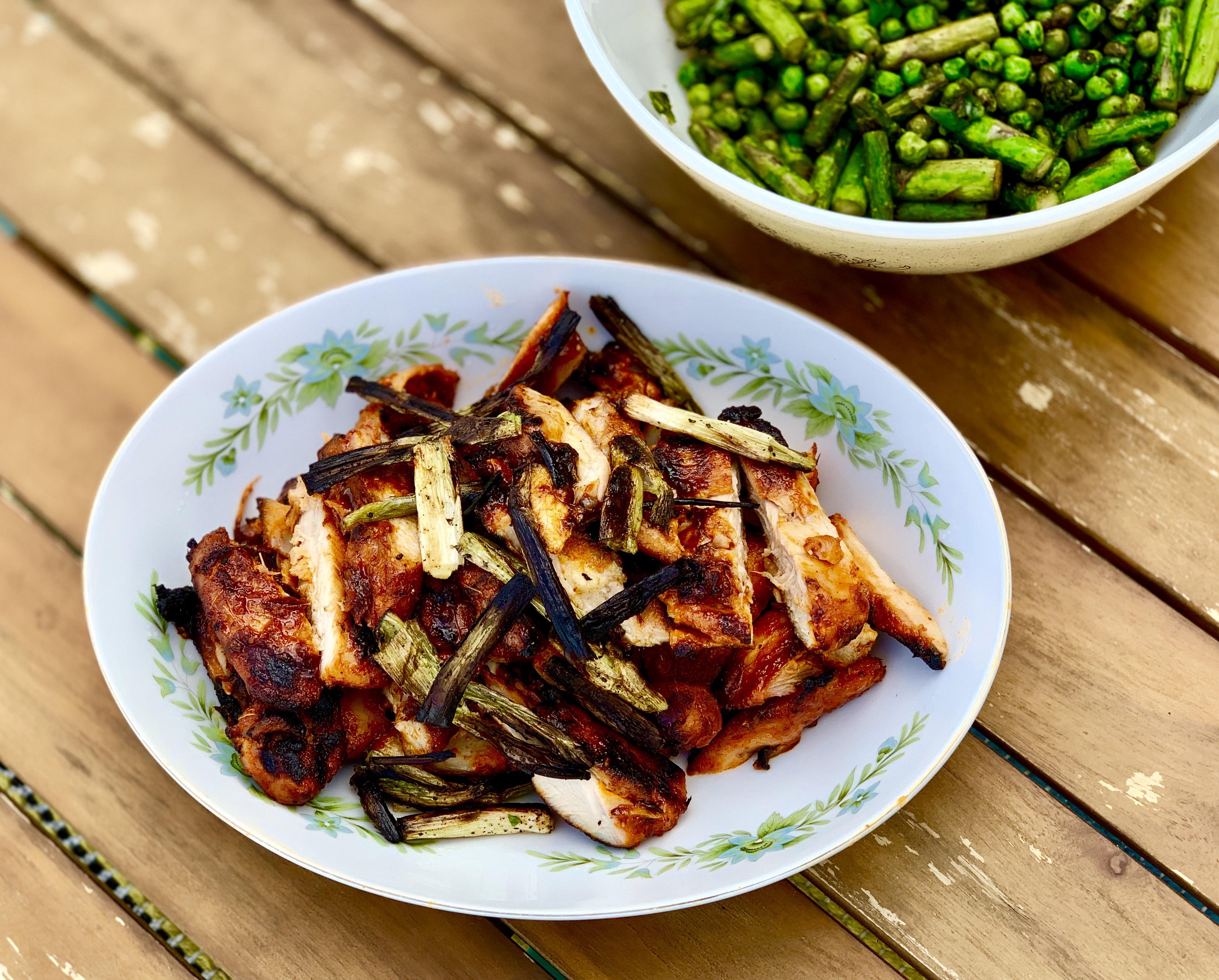 Korean gochujang marinated grilled chicken thighs w/ charred scallions