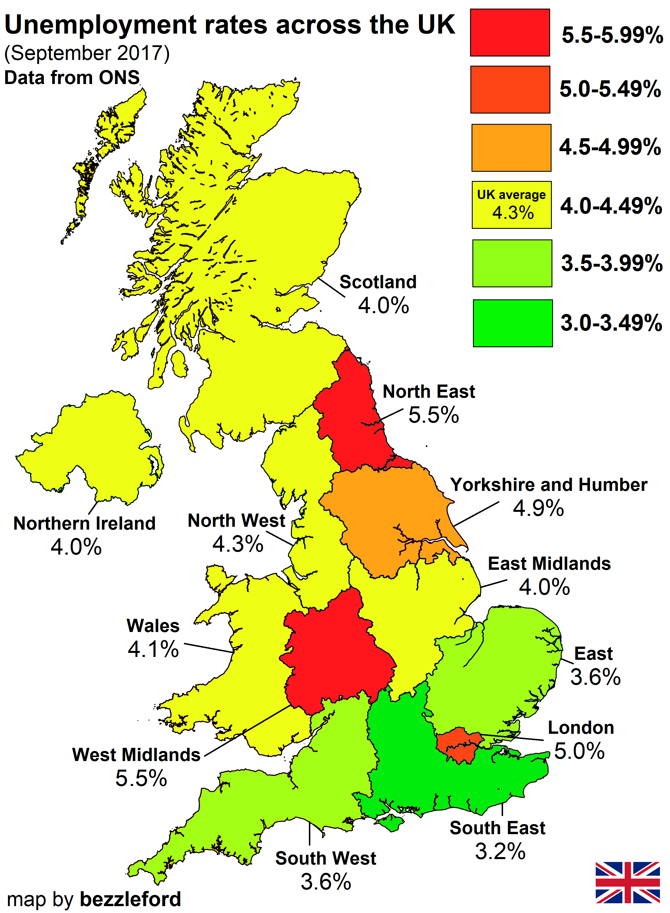 Unemployment rates in the UK, September 2017 [OC] [2336 x 3184] r/MapPorn