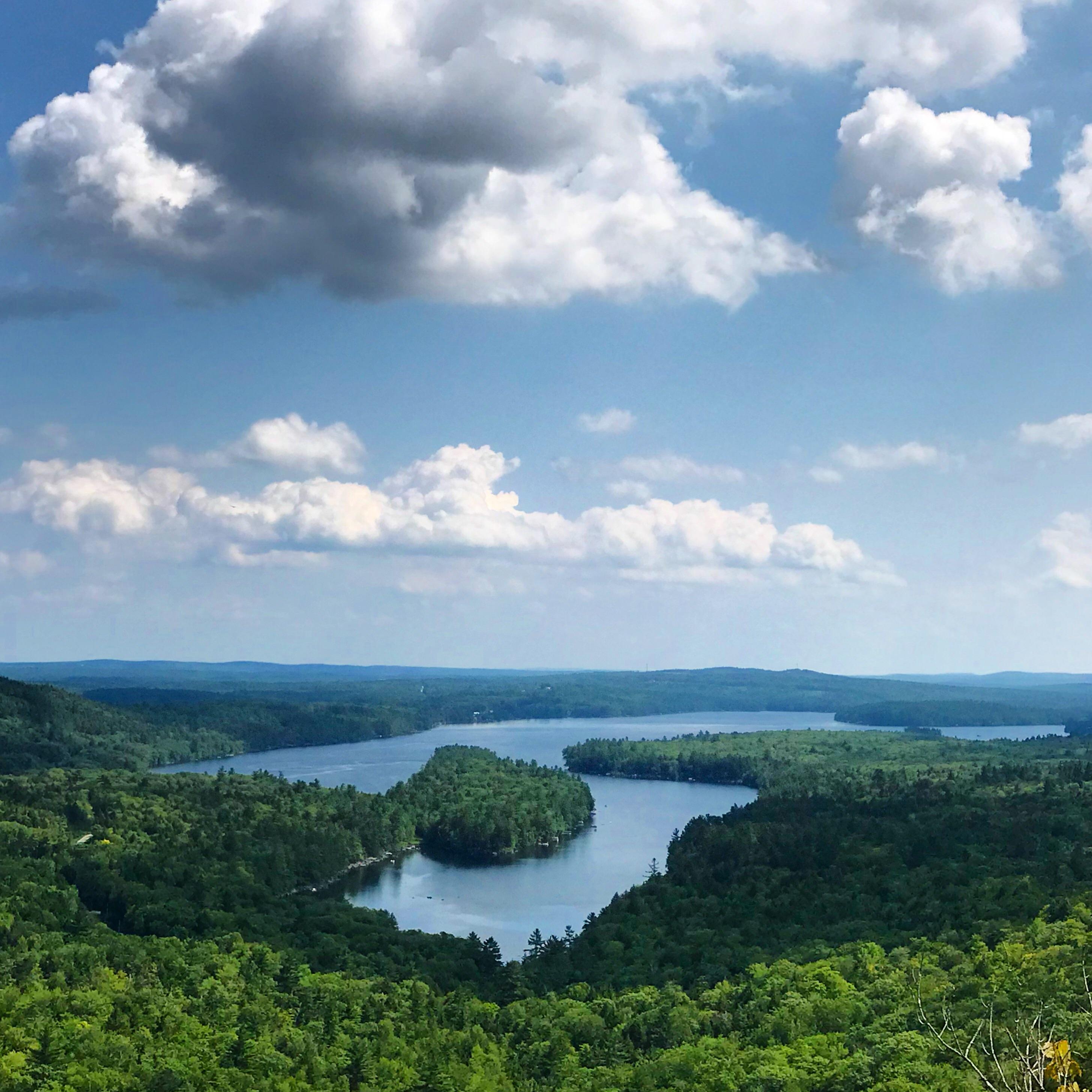 Looking at Long Pond of the Belgrade Lakes from the top of French