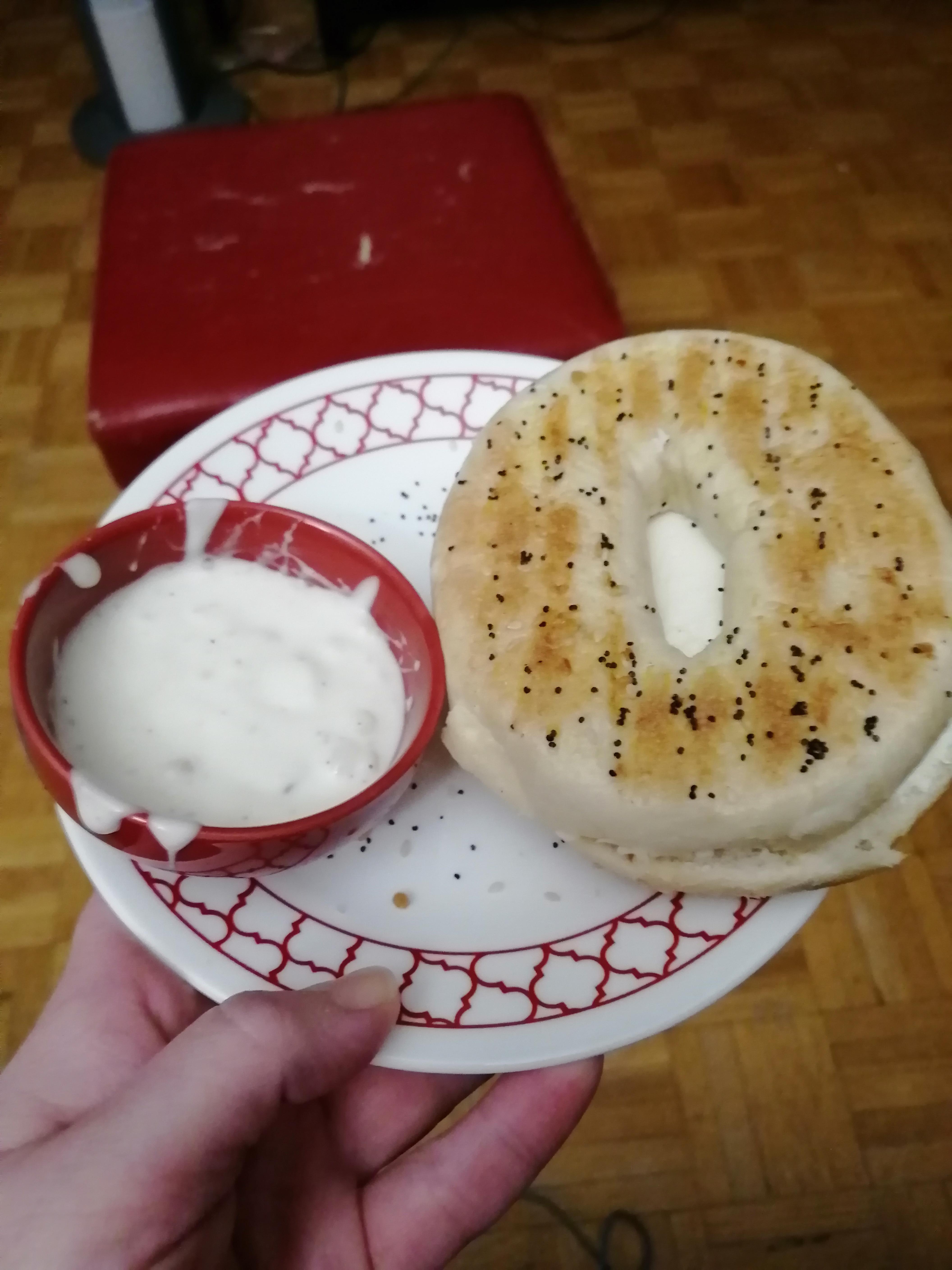 untoasted (unlike me) bagel with cream cheese and bacon ranch for