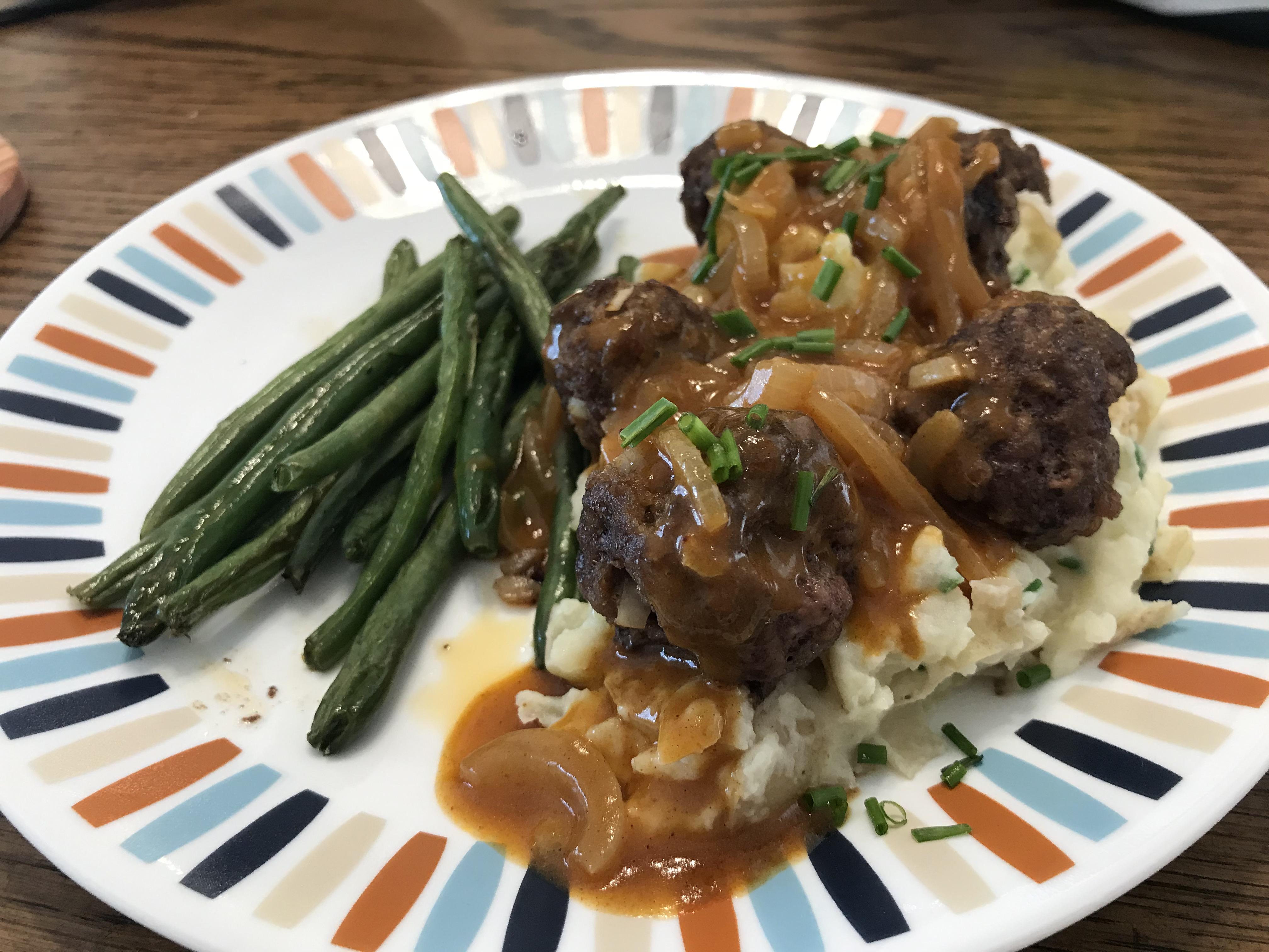 GravySmothered Meatballs with Mashed Potatoes and Green Beans r