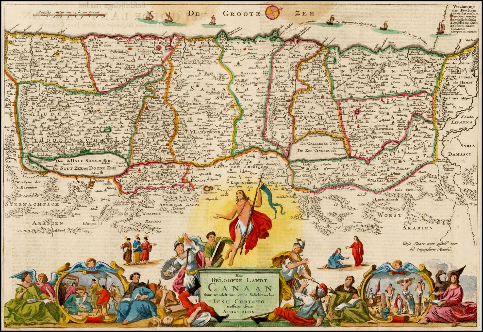 1740 Detailed map of the Holy Land, showing the travels of Christ and the Apostles. By Dutch