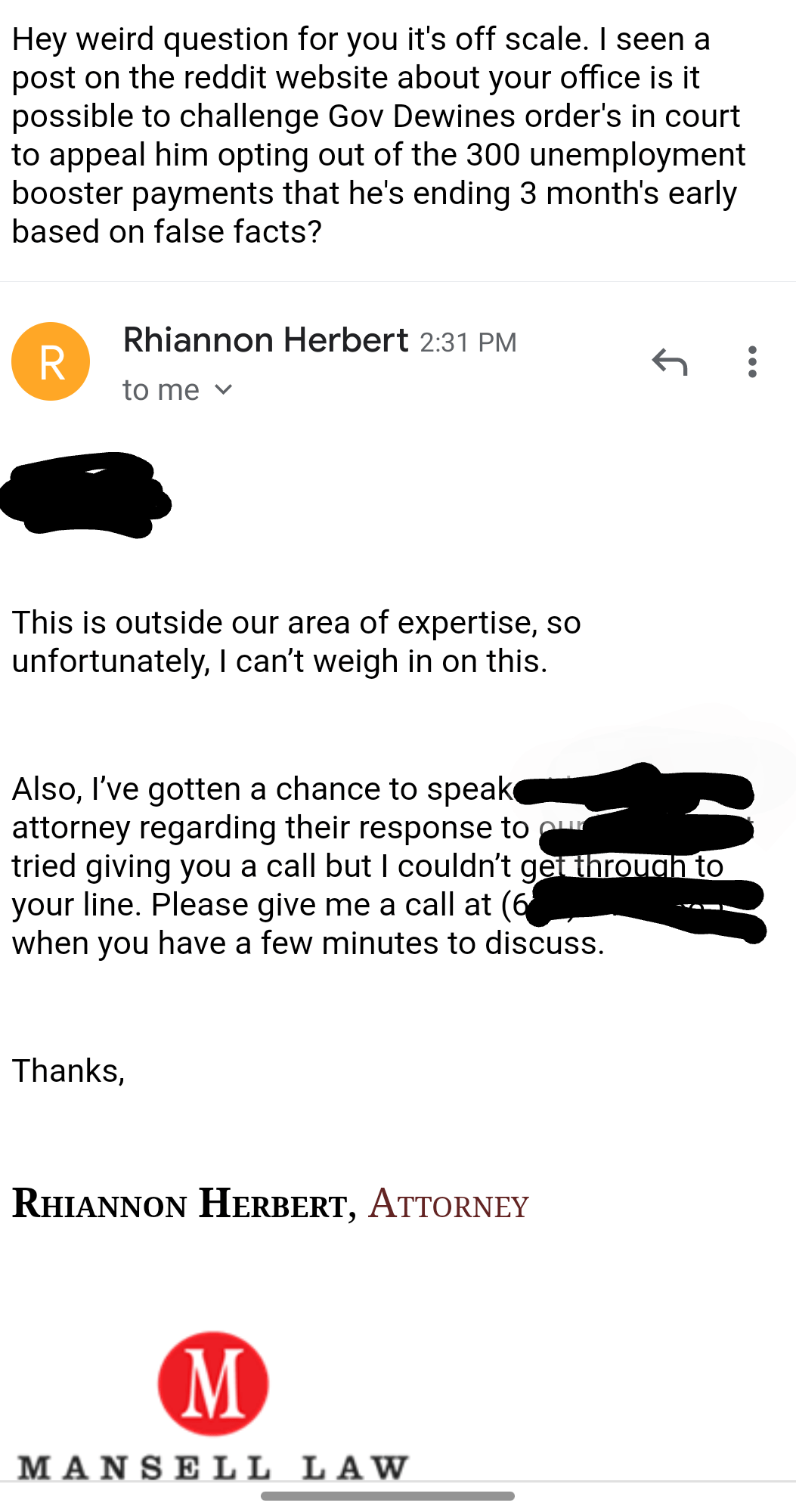 Mansell law. I' ve now spoken to 15 attorney's about appealing Gov