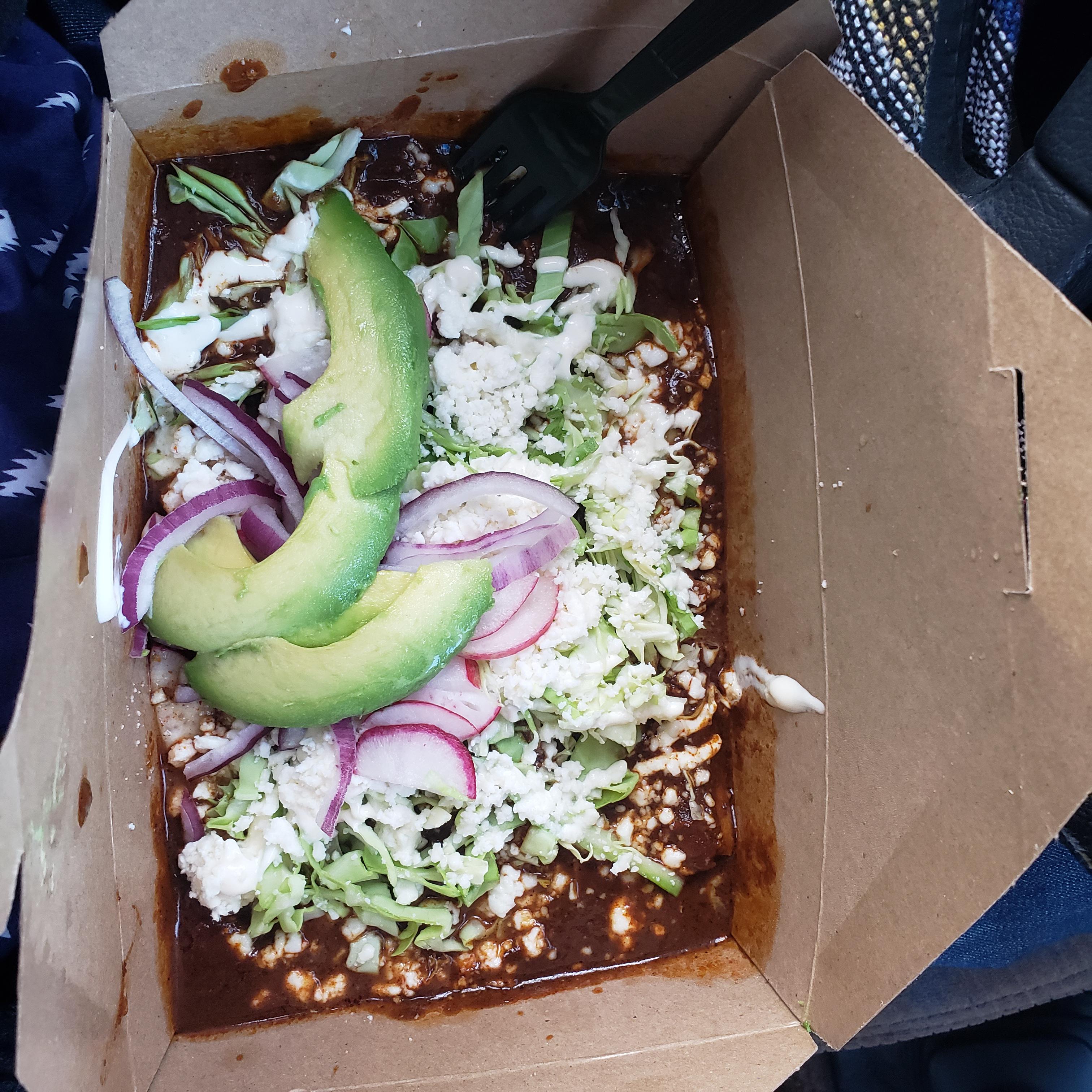 Enchiladas from the BEST Mexican food cart in town TEHUANA OAXACAN