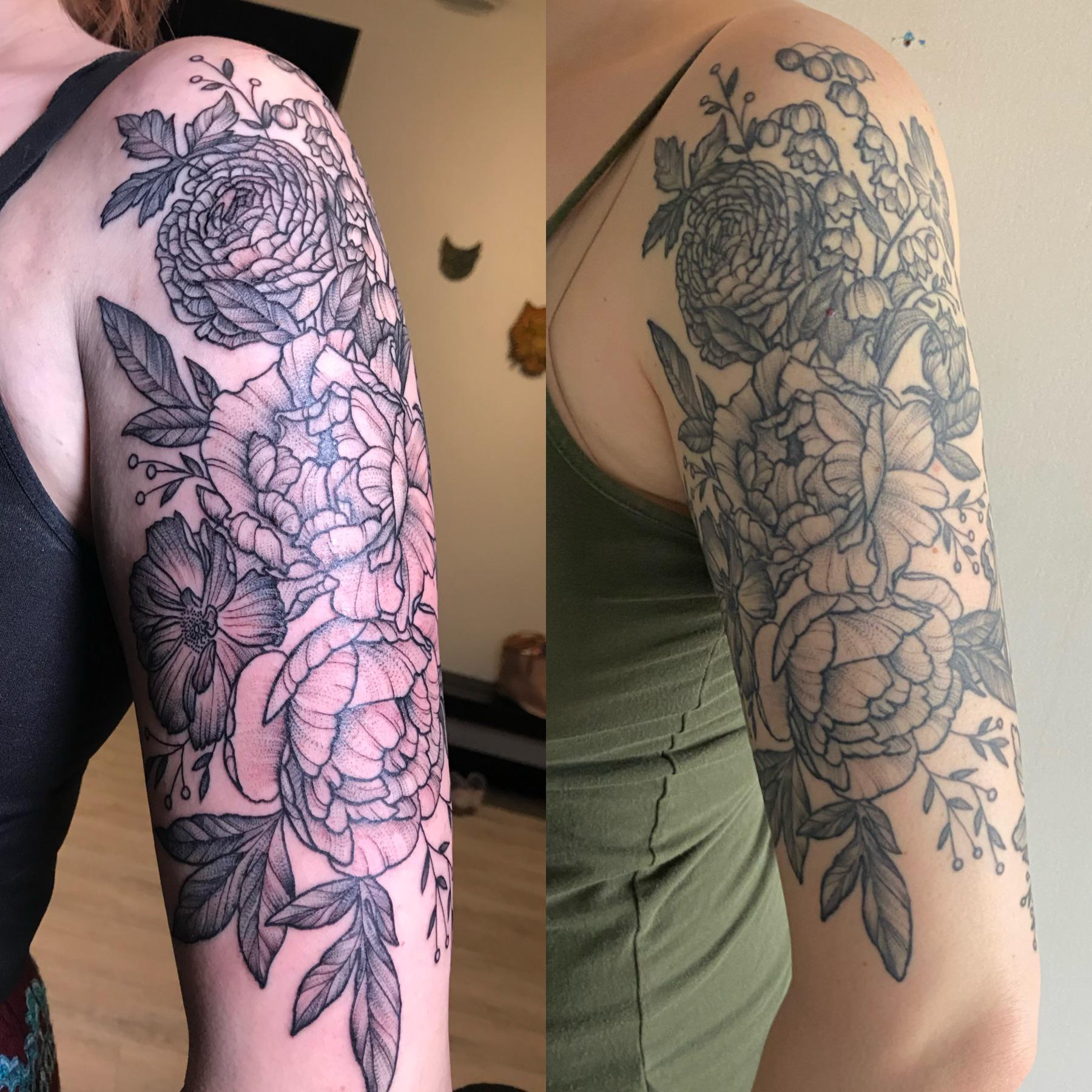 Delicate floral half sleeve 2018 and now (about 2.5 years aged) done