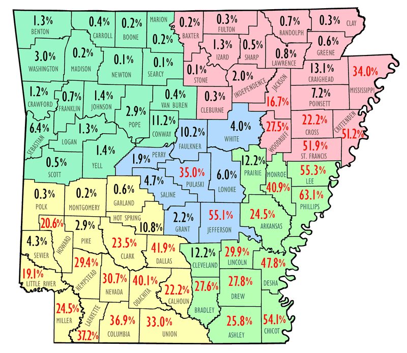 African American population in Arkansas counties (2010) r/MapPorn