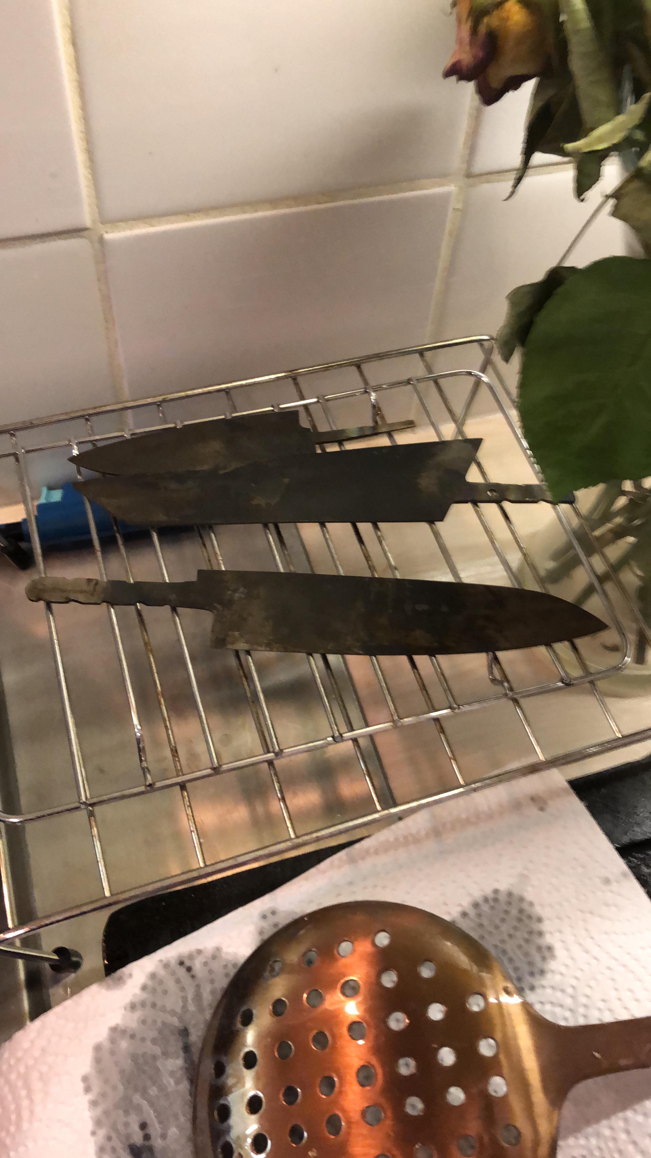 Knives heat treatment done. Of to finish sanding and handle work and