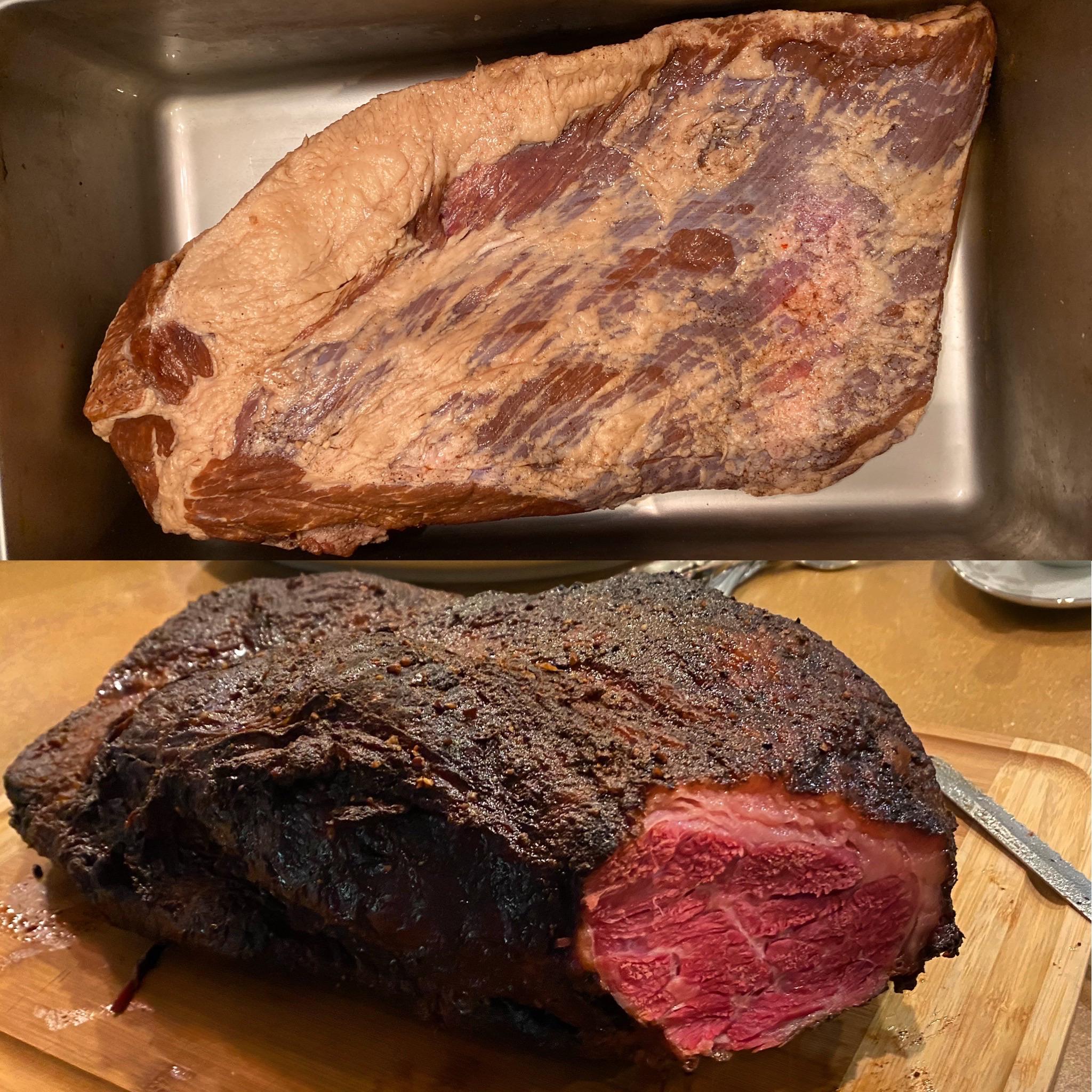 Before/After 8 day pastrami brine, 16lbs brisket, er Smokey