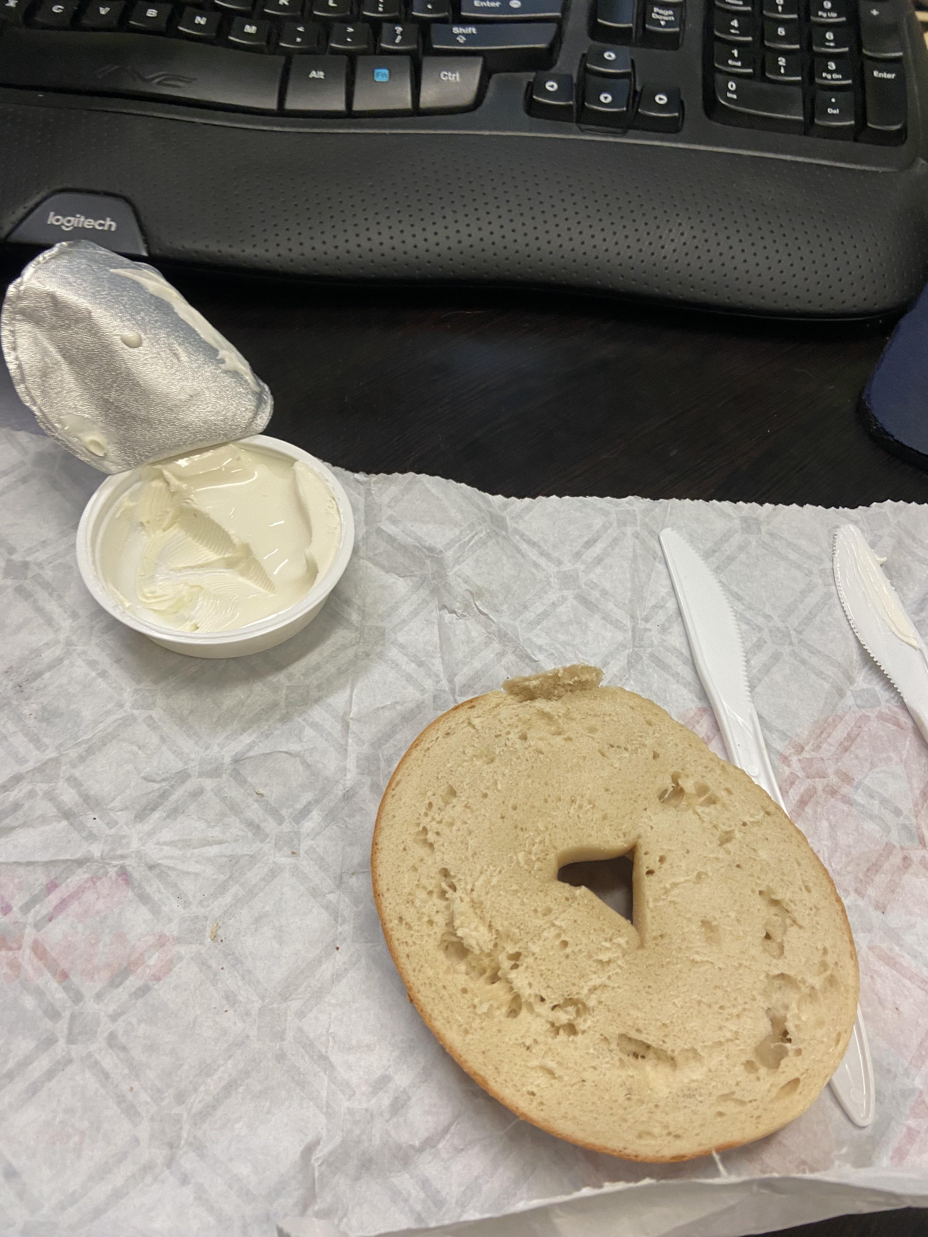 Ordered a toasted bagel with cream cheese from Dunkin Donuts. I guess