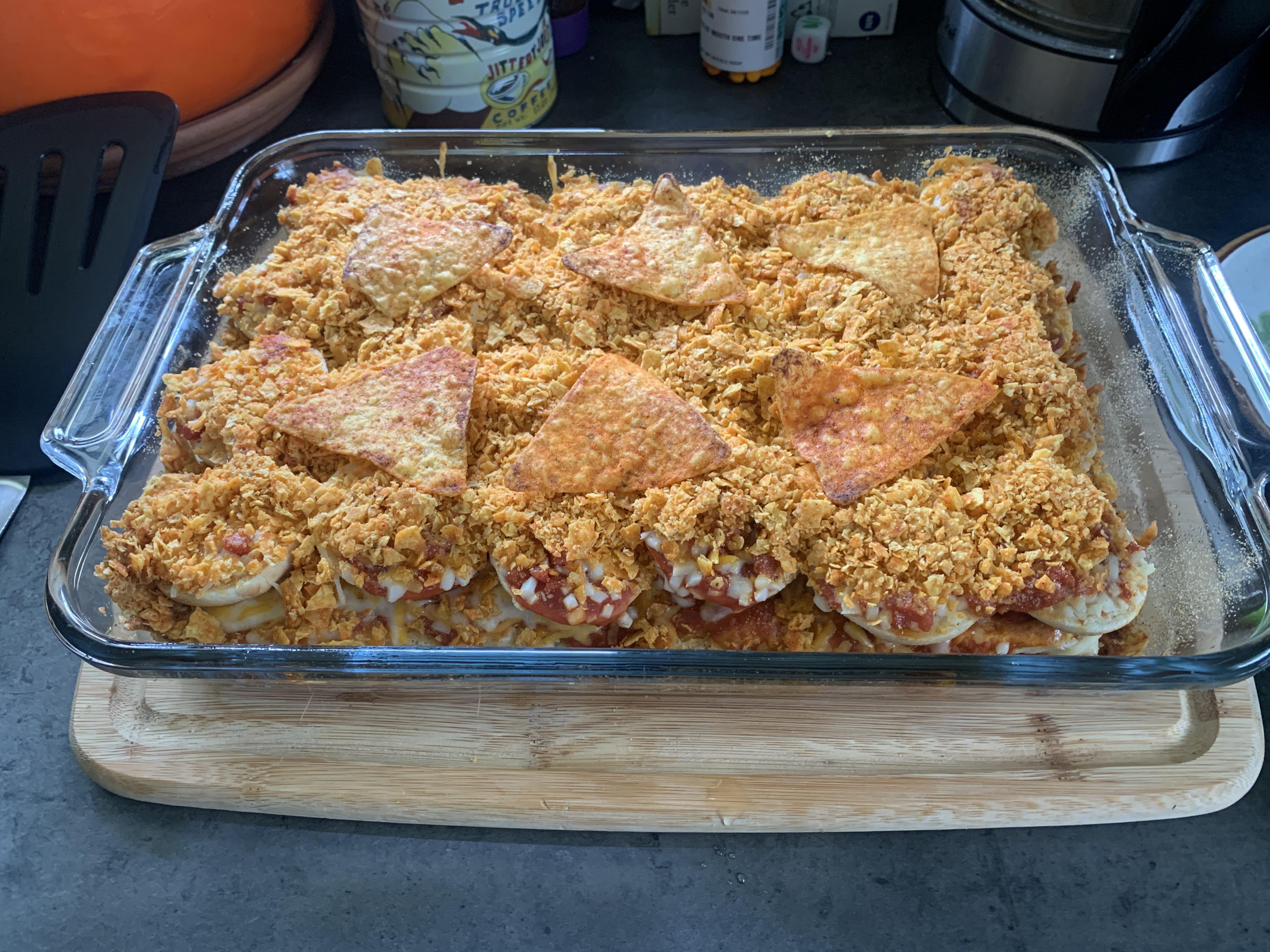 Troys pizza/bagel bite casserole that I just made!