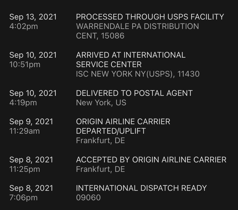 Package was cleared by ISC NEW YORK on Sep 10, today it appeared at