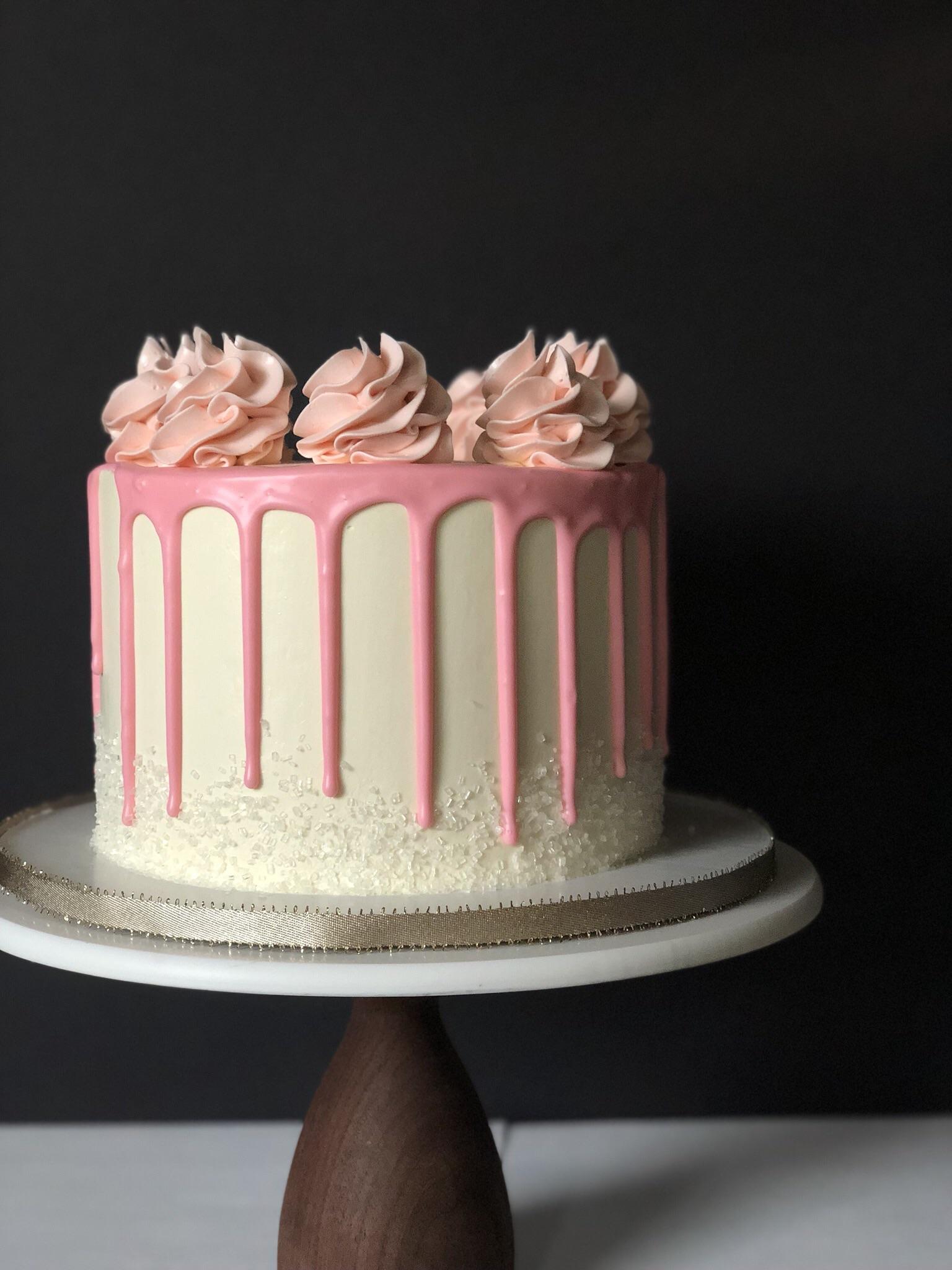 First cake of the year! Vanilla with pink chocolate drip. r/Baking