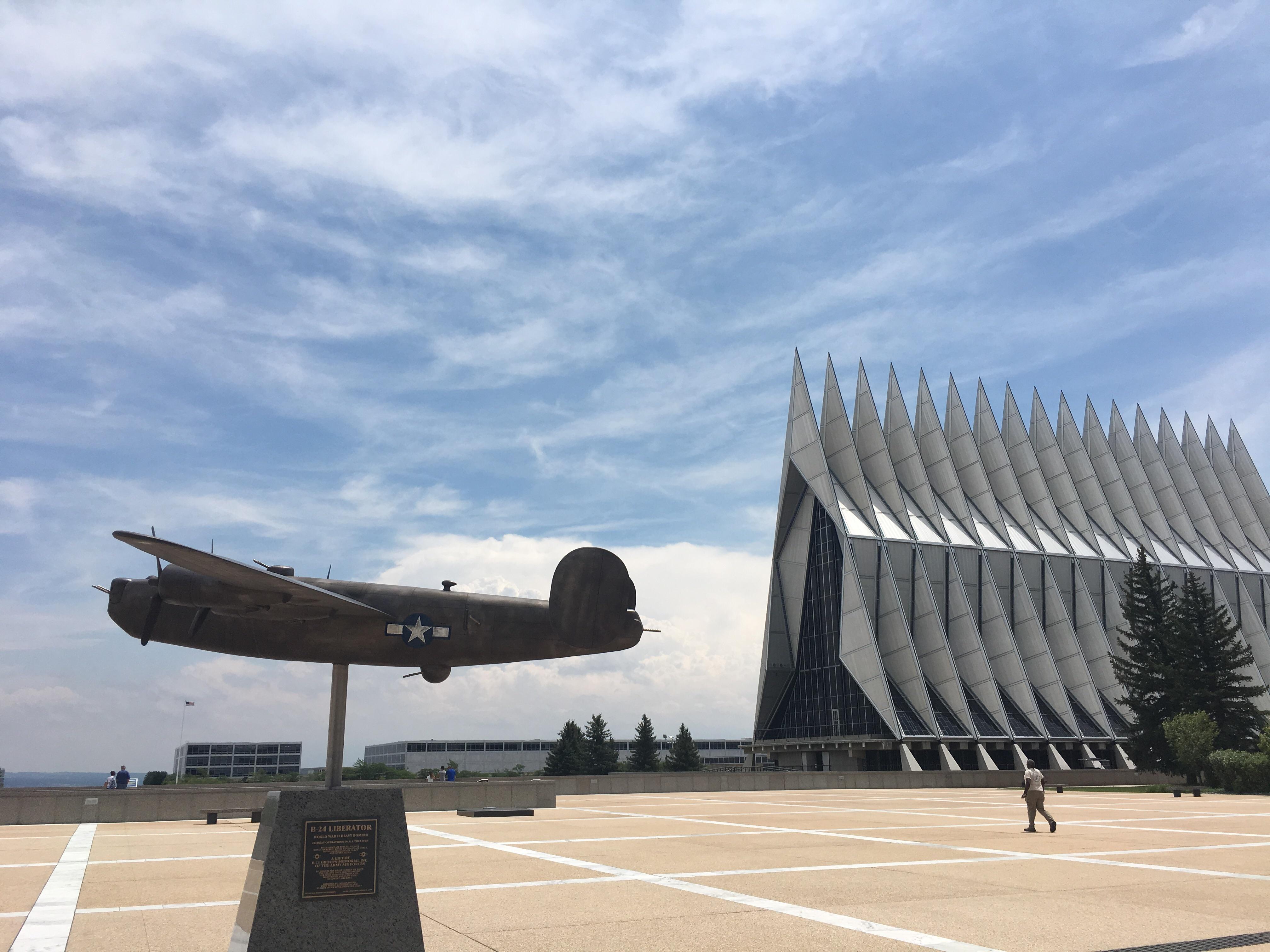 Statue of the B24 flying by the Cadet Chapel at the USAF Academy r