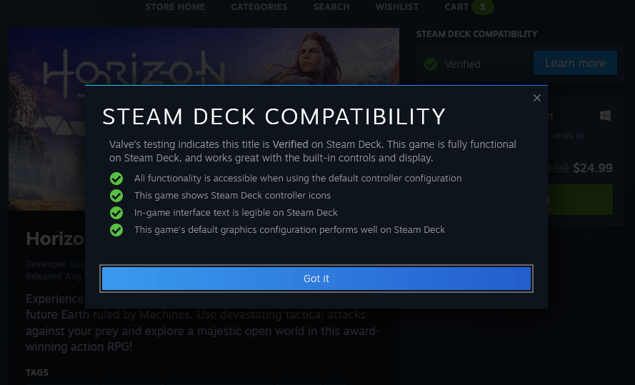 Horizon Zero Dawn 100 Steam Deck Verified SteamDeck