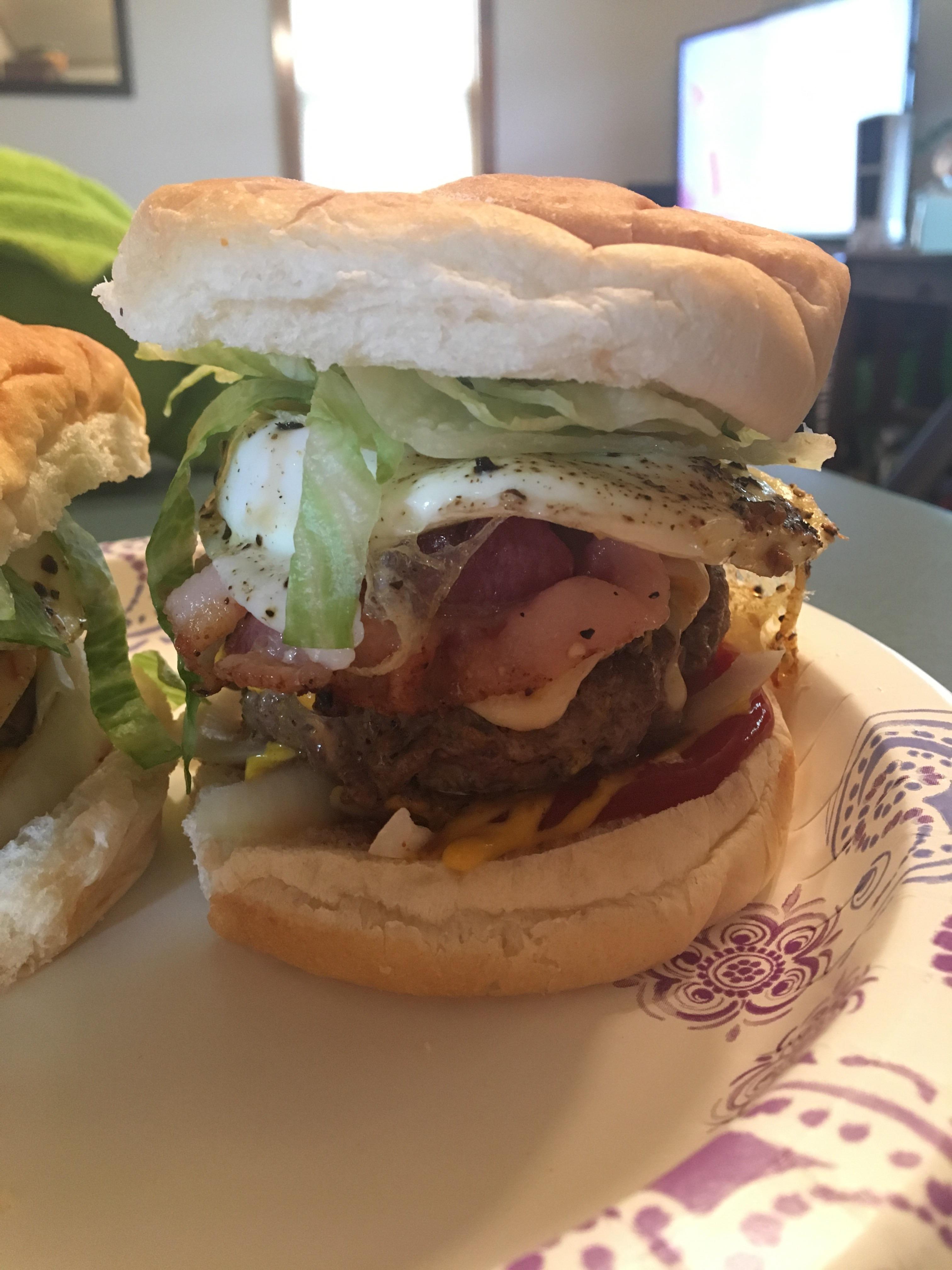Burger, Bacon, egg, pepperoncini asiago, and a fluffy bun. Yes please