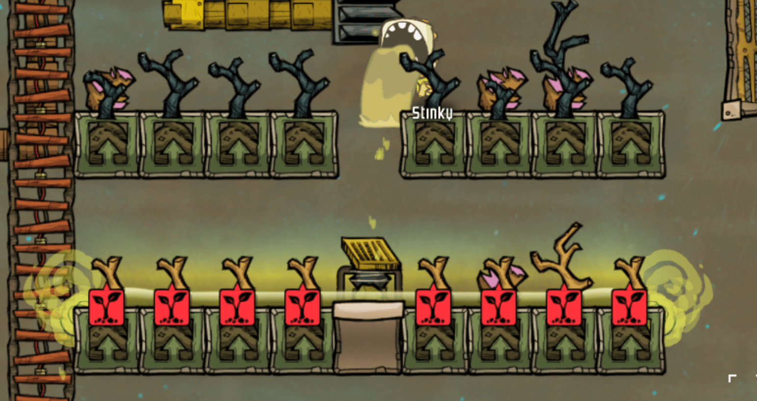 Stinky hadn't quite figured out his new farmhand job Oxygennotincluded