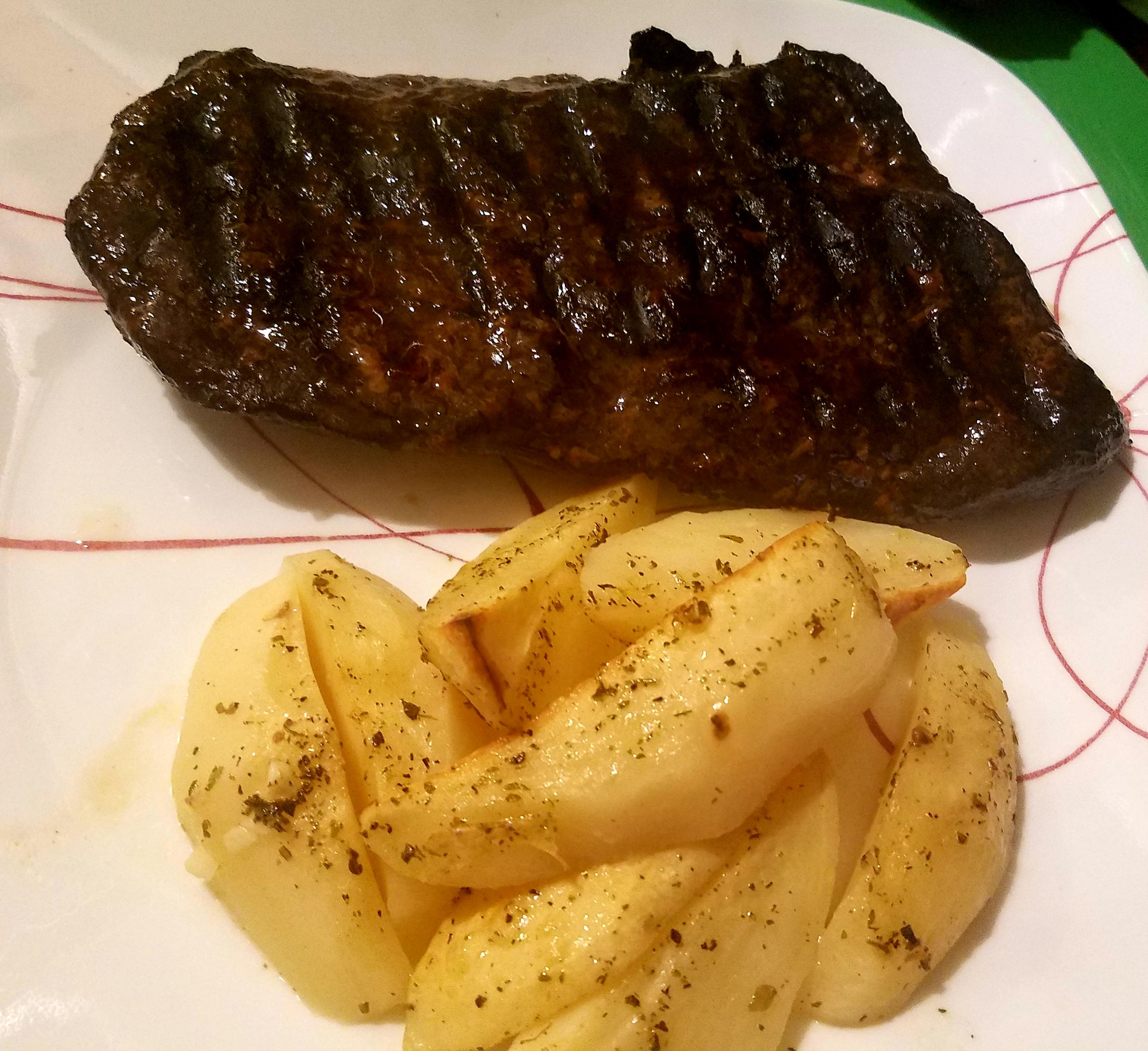 Blackened flat iron steak and roasted greek lemon and garlic potatoes