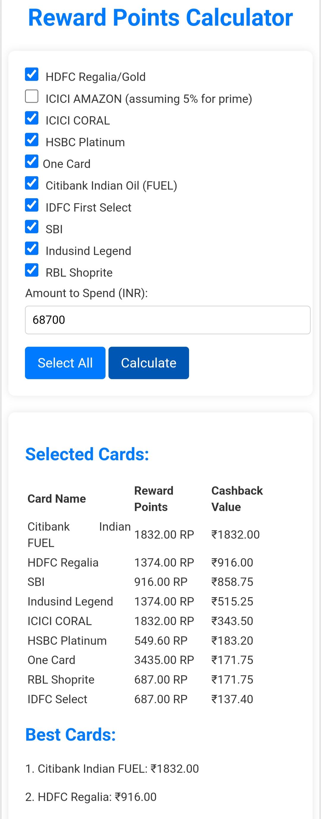 Check out my Credit Card Rewards Points Calculator Looking for Feedback! r/CreditCardsIndia