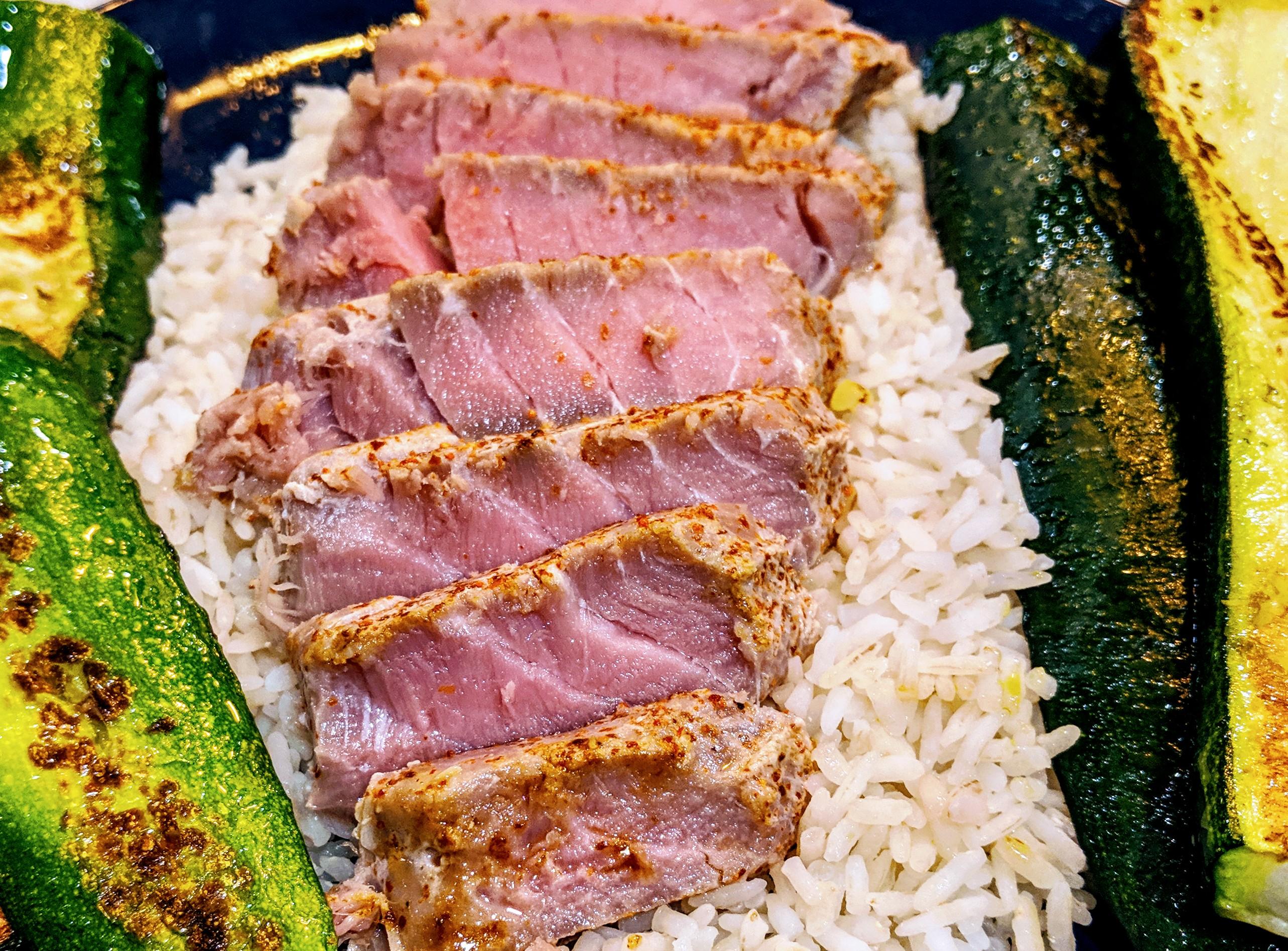 Tuna (110 for 1.5 hours) seasoned with Tajin Classico Seasoning served