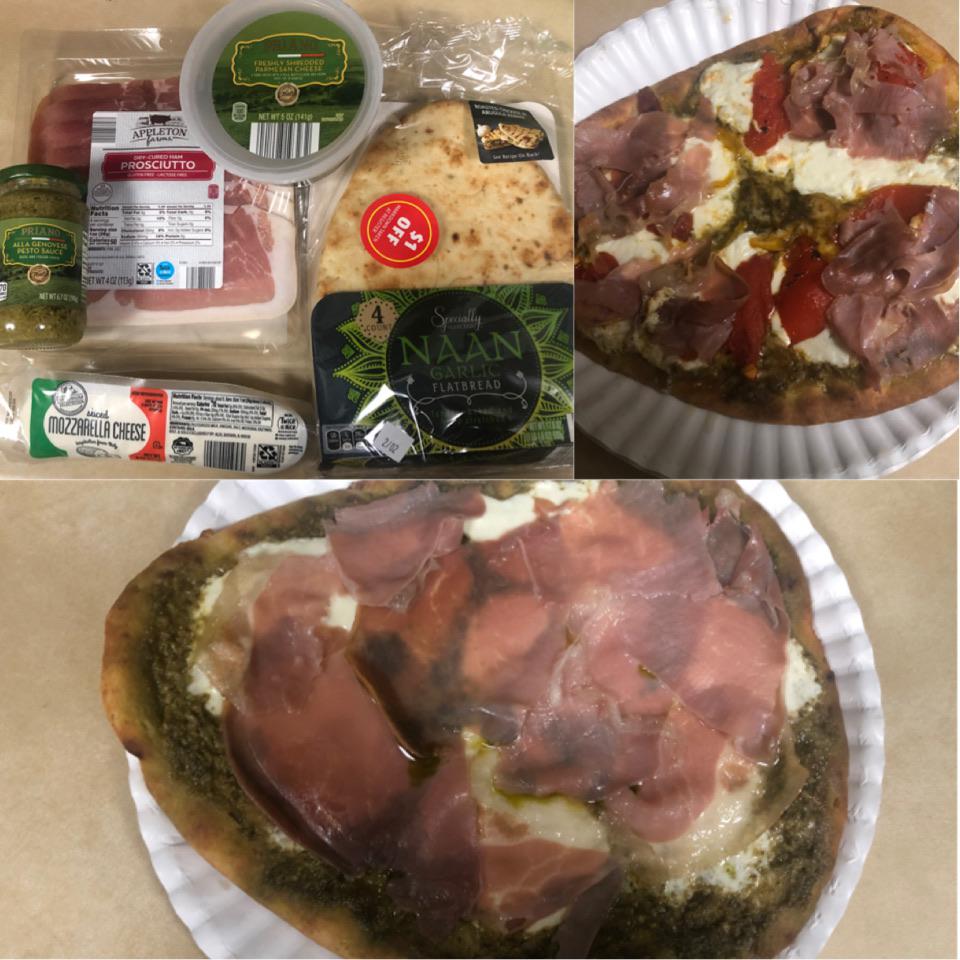 All aldi flatbread pizza (except roasted red peppers on the one). The garlic naan flatbread was