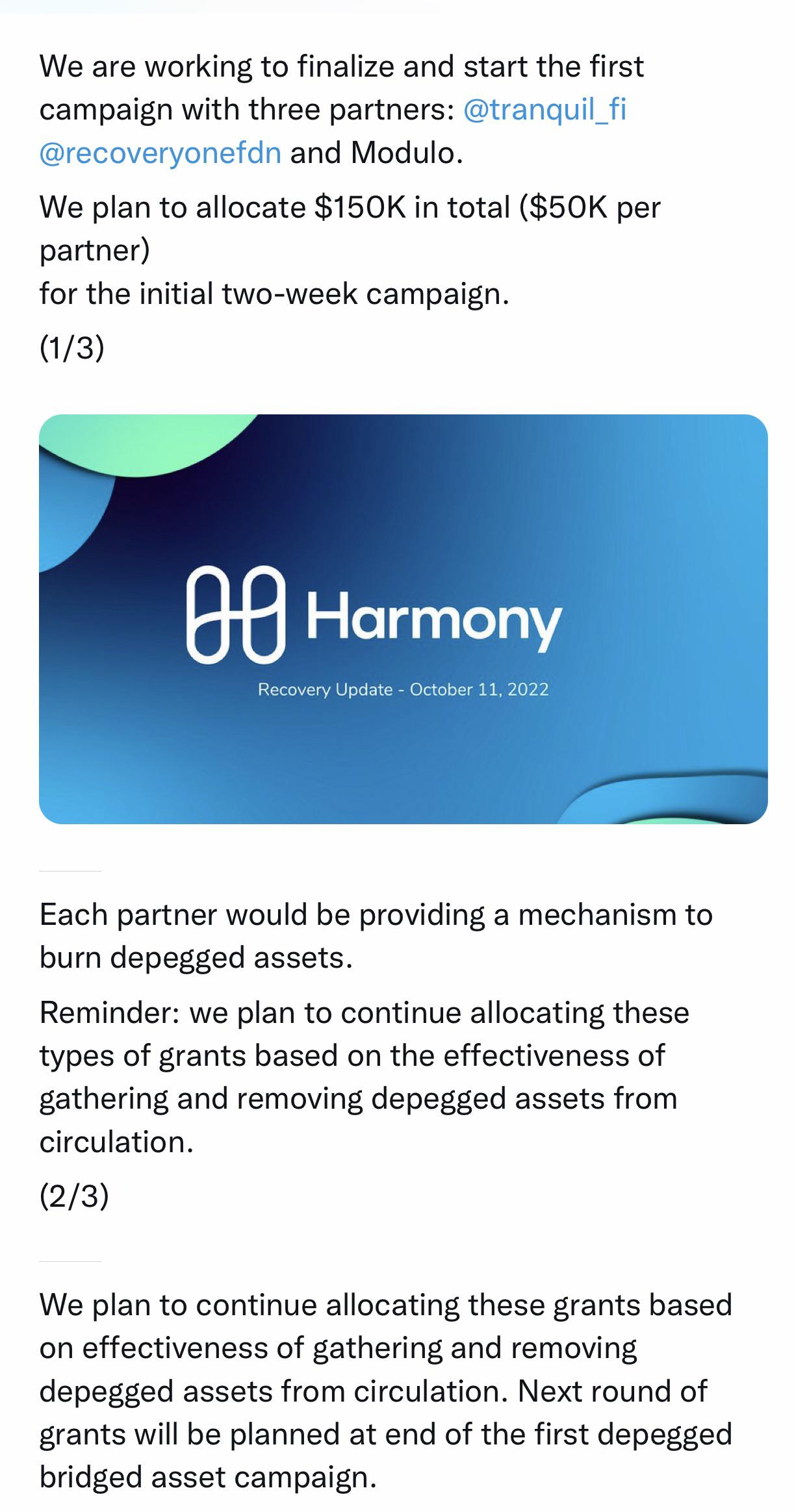 Harmony Bridge 🌁 Recovery has now STARTED 💙 “ALL of the recovery funds