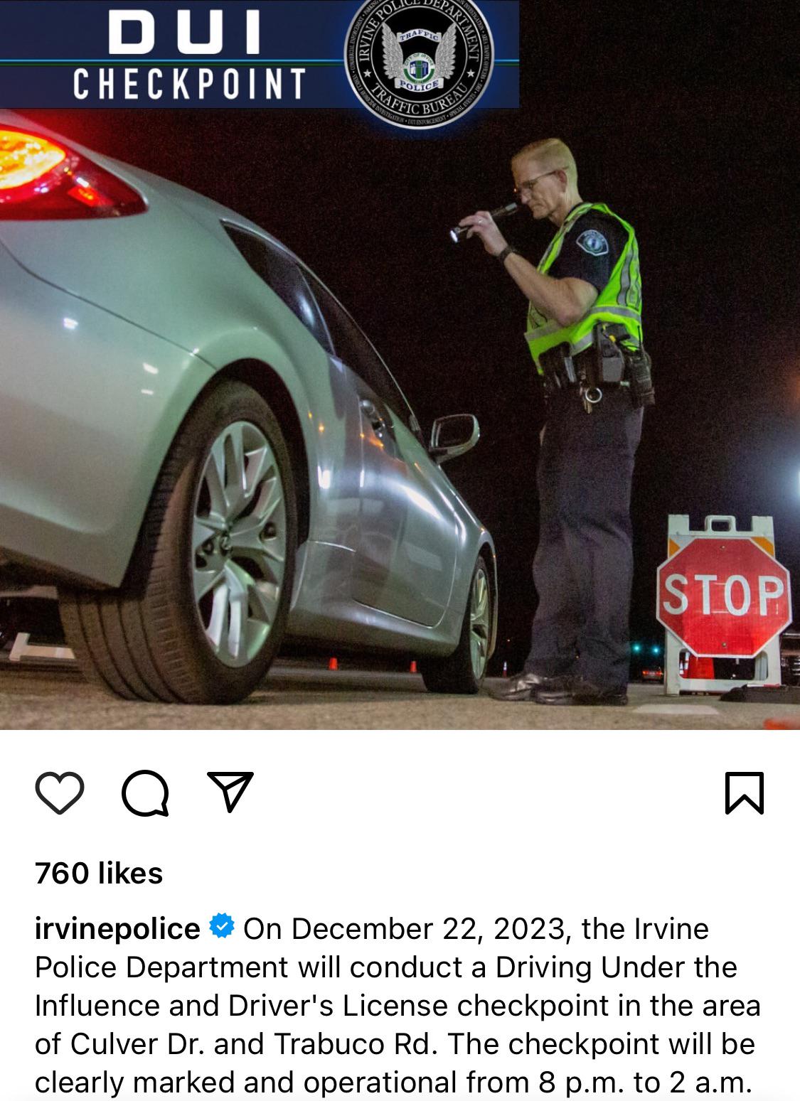 DUI Checkpoint tonight in Irvine (Culver & Trabuco) 8pm to 2am r(03)