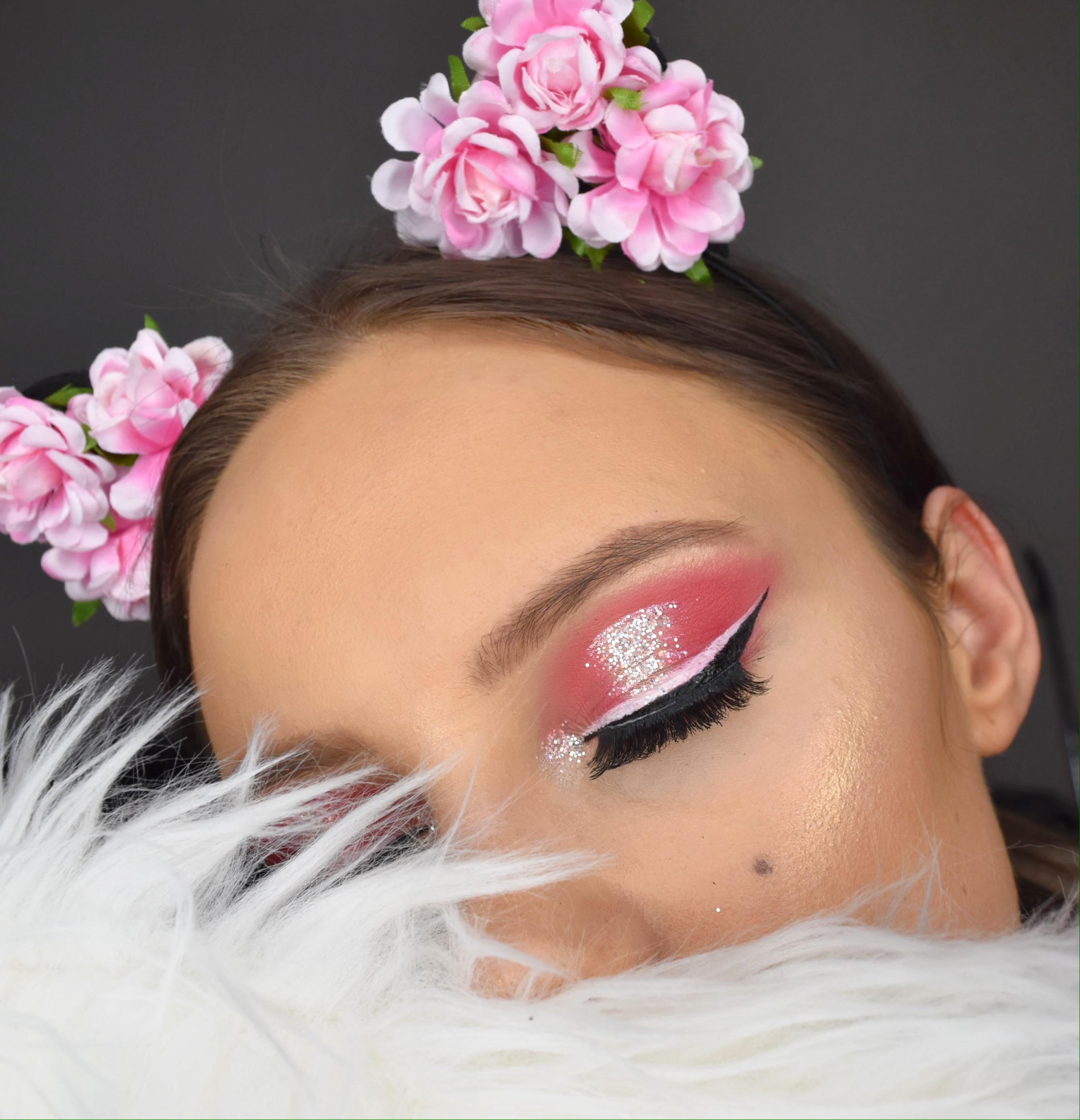 Pink glitter & white eyeliner eye makeup. r/MakeupLounge