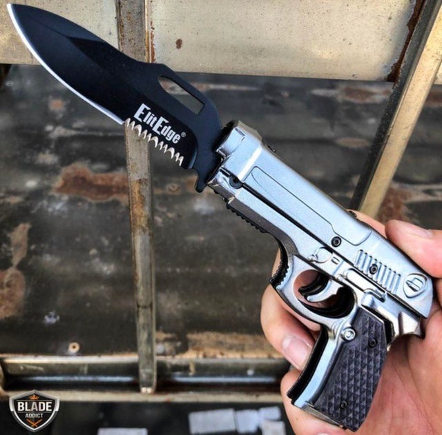 "tactical" knife gun shoots knives, also good for melee combat, doesn