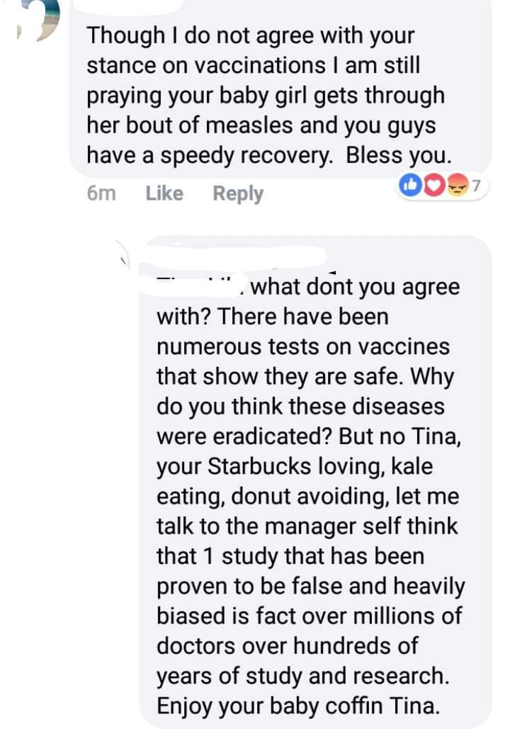 Antivaxxer comments on mother who begs people to get the mmr vaccine due to her young baby