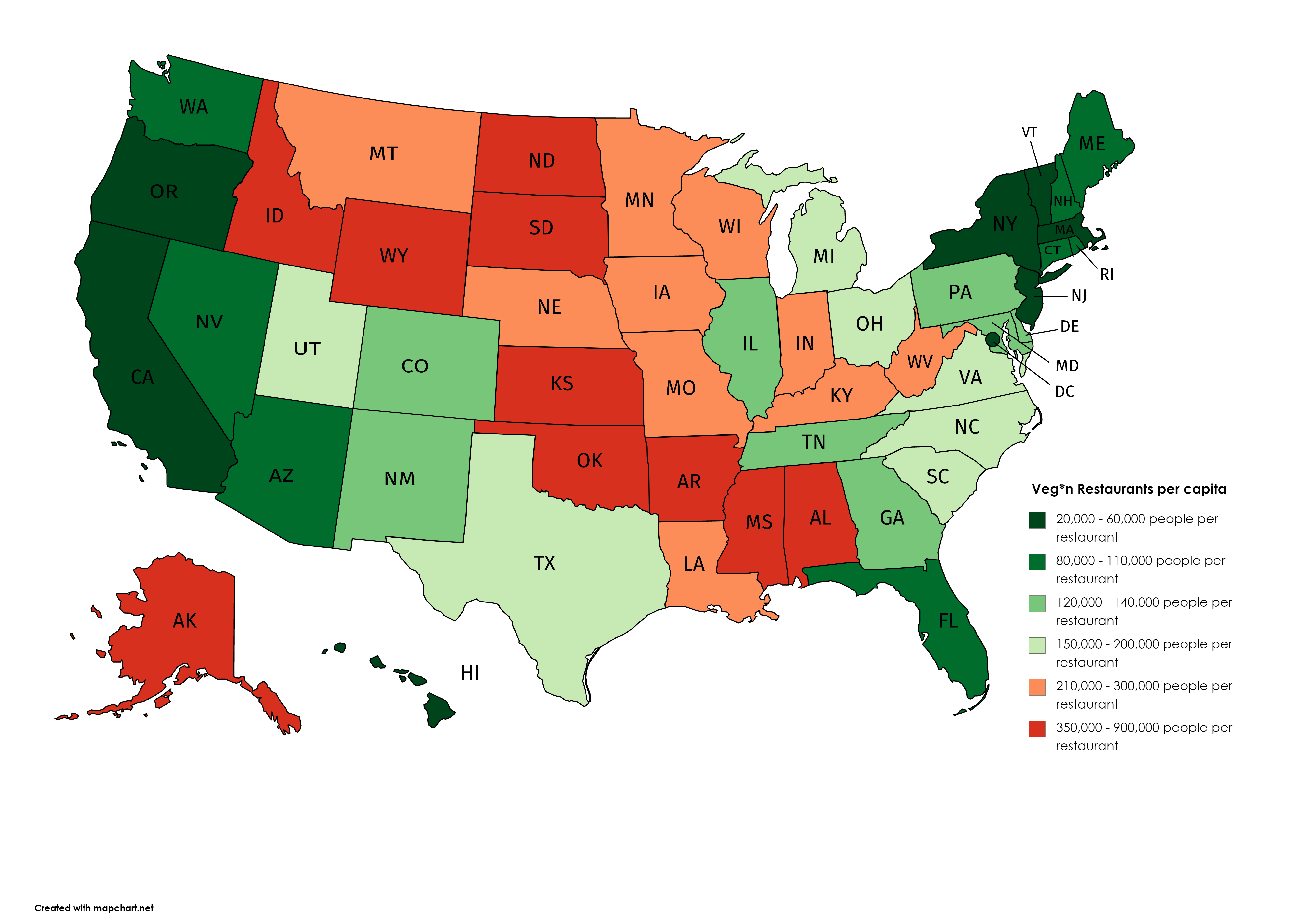 [OC] The most and least vegetarian/vegan friendly states r/MapPorn