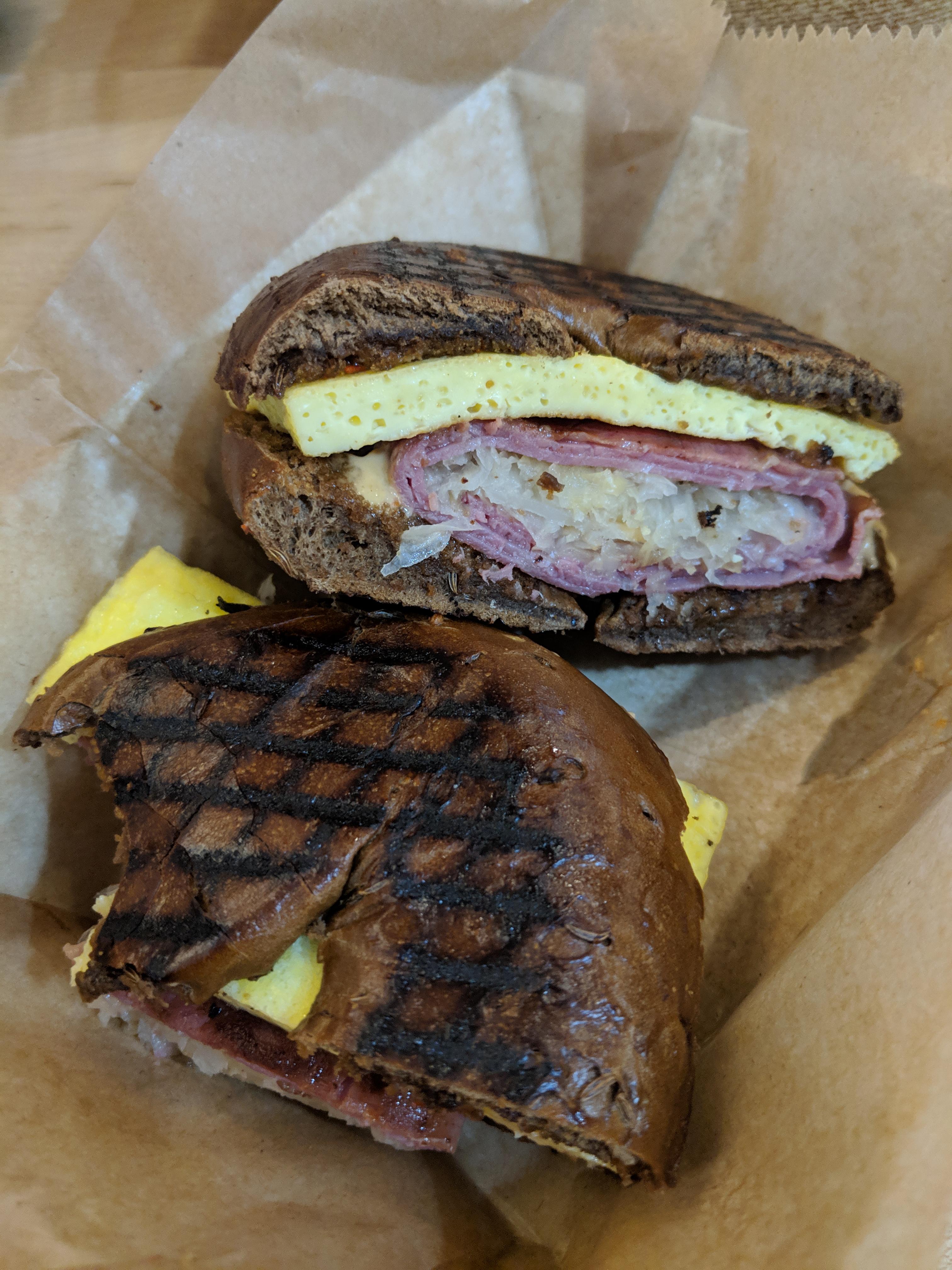 [I ate] Pastrami, Sauerkraut, Swiss, Egg and Mustard on a Pumpernickel