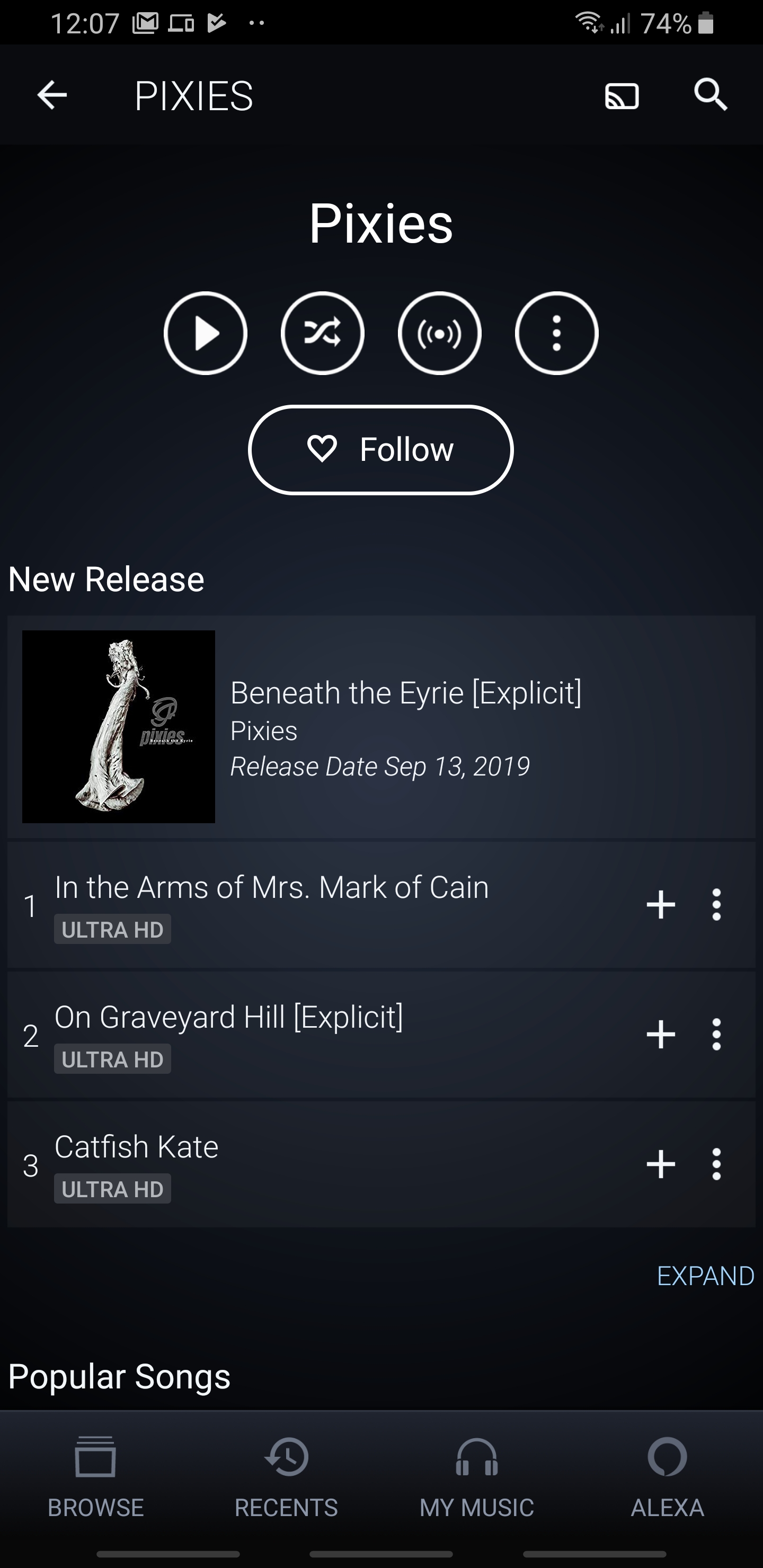 Beneath the Eyrie is available in "Ultra HD" on Amazon music r/thepixies