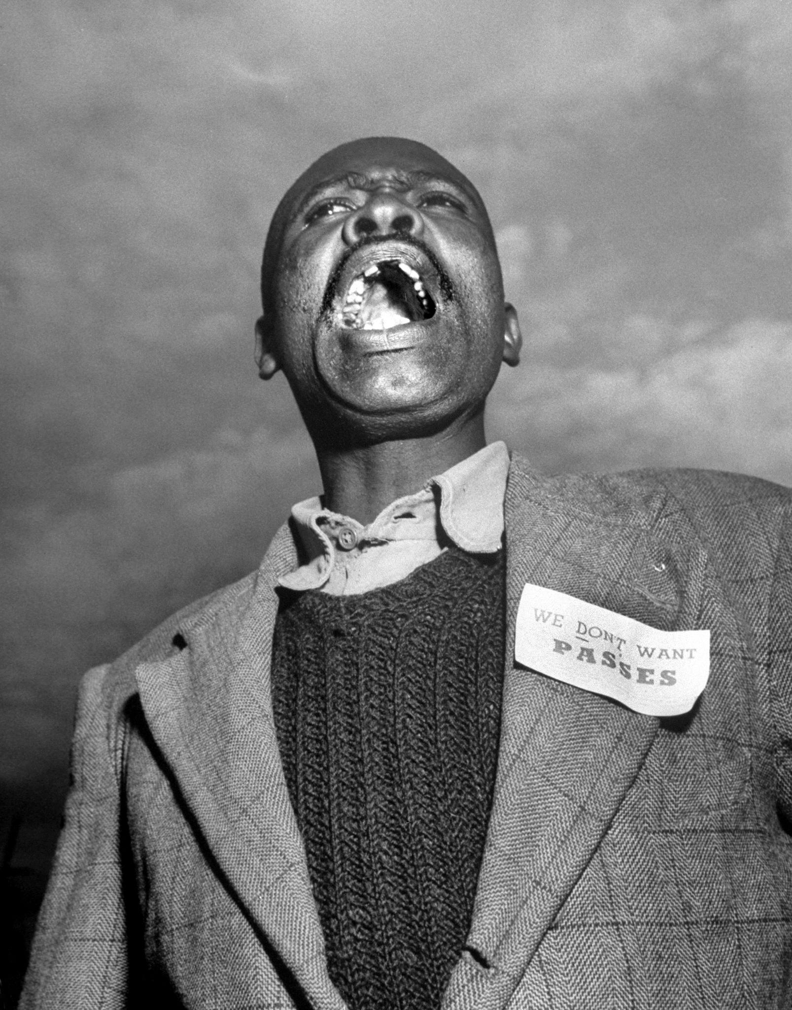 Phillip Mbhele, a carpenter, speaking at a protest against the apartheid pass system in South
