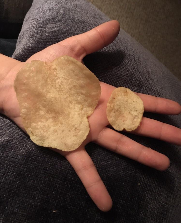 Biggest potato chip I found next to a standard size chip r/pics