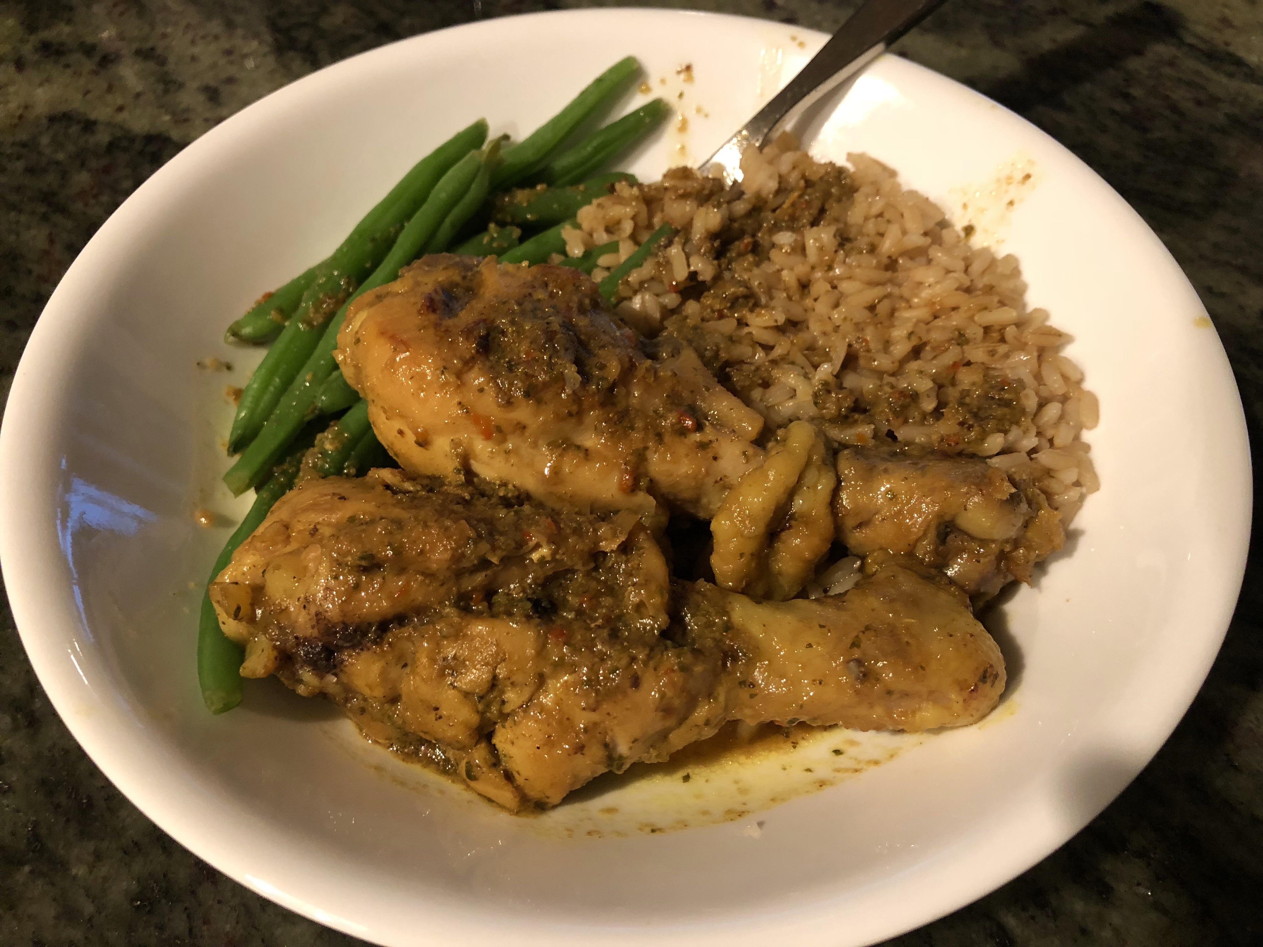 Trinidadian chicken curry with brown rice and green beans 410 cals