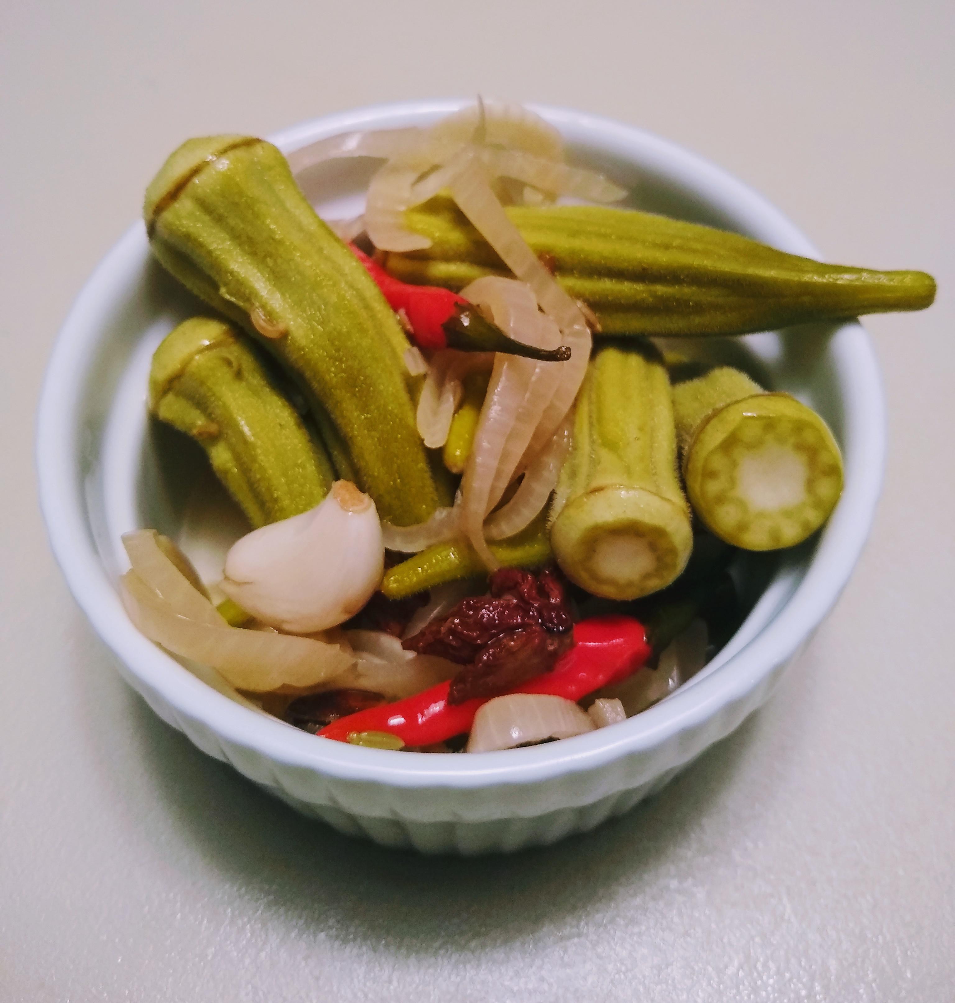 My "Phokra" pickles direct from garden to jar. Okra vinegar pickles