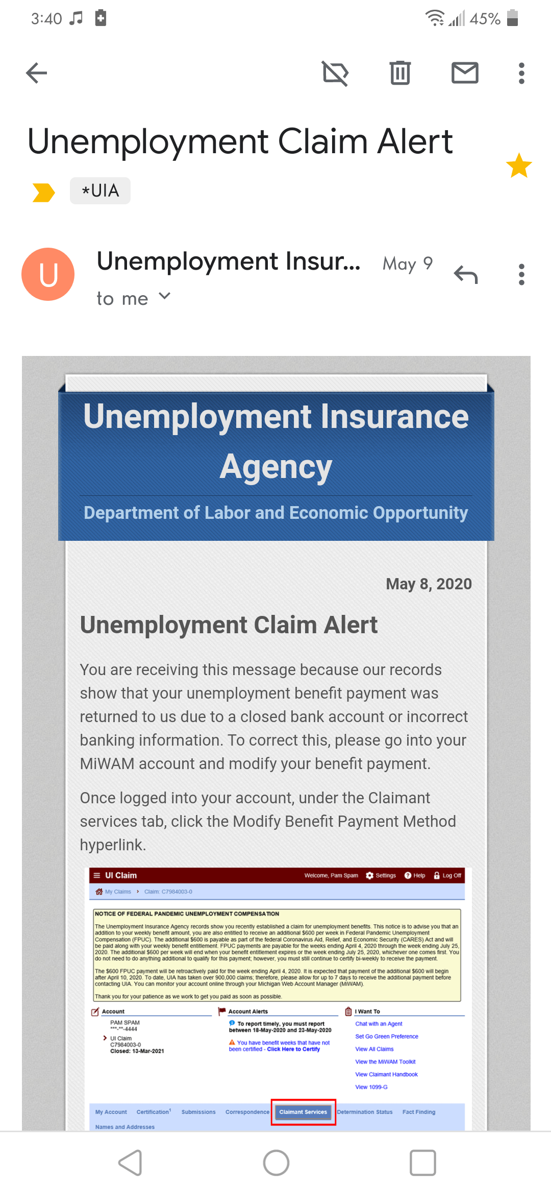 [Michigan] Suspicious of email from UIA Anyone else receive something