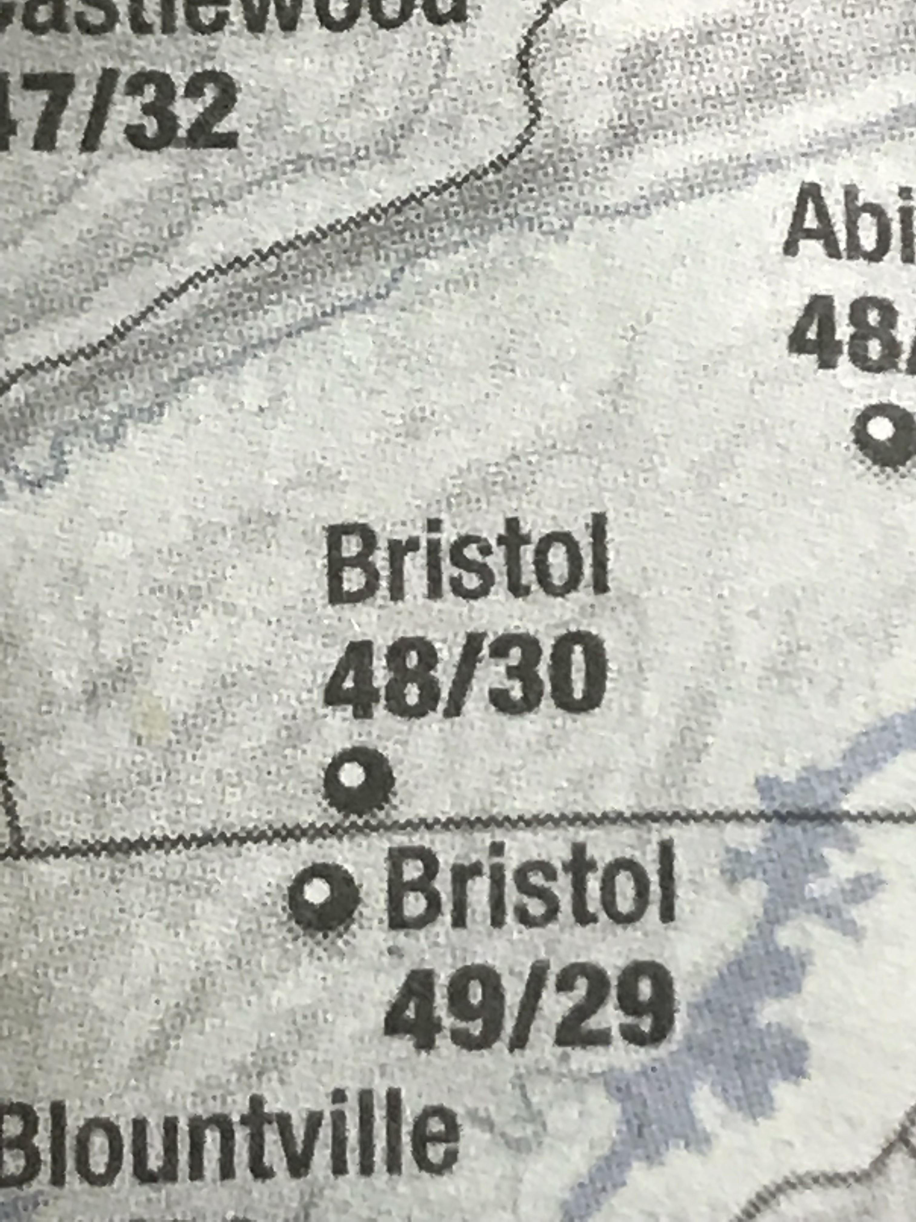 This newspaper has different temperatures for Bristol, VA/TN which