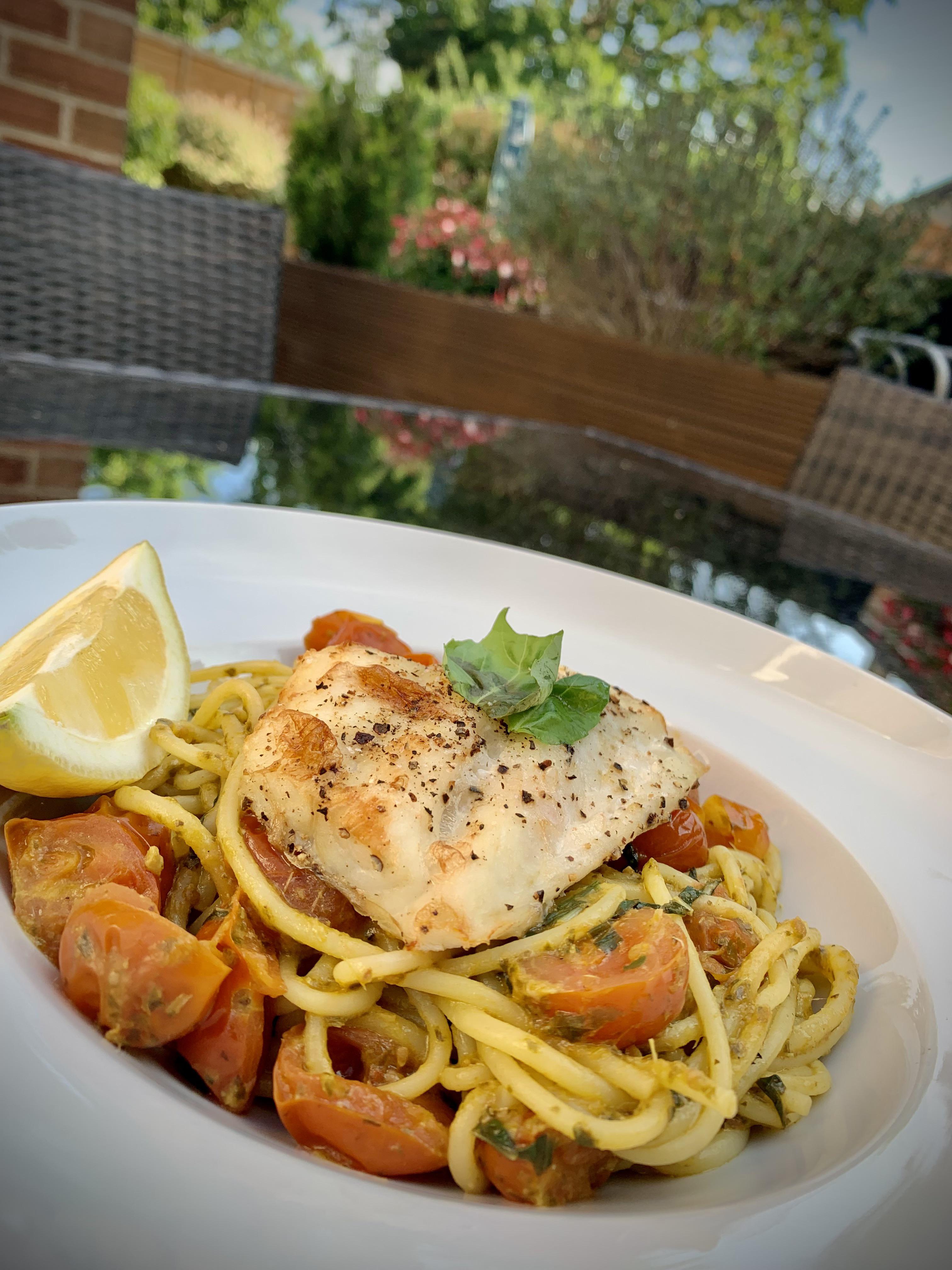 Cod & Pesto Spaghetti r/HealthyFood