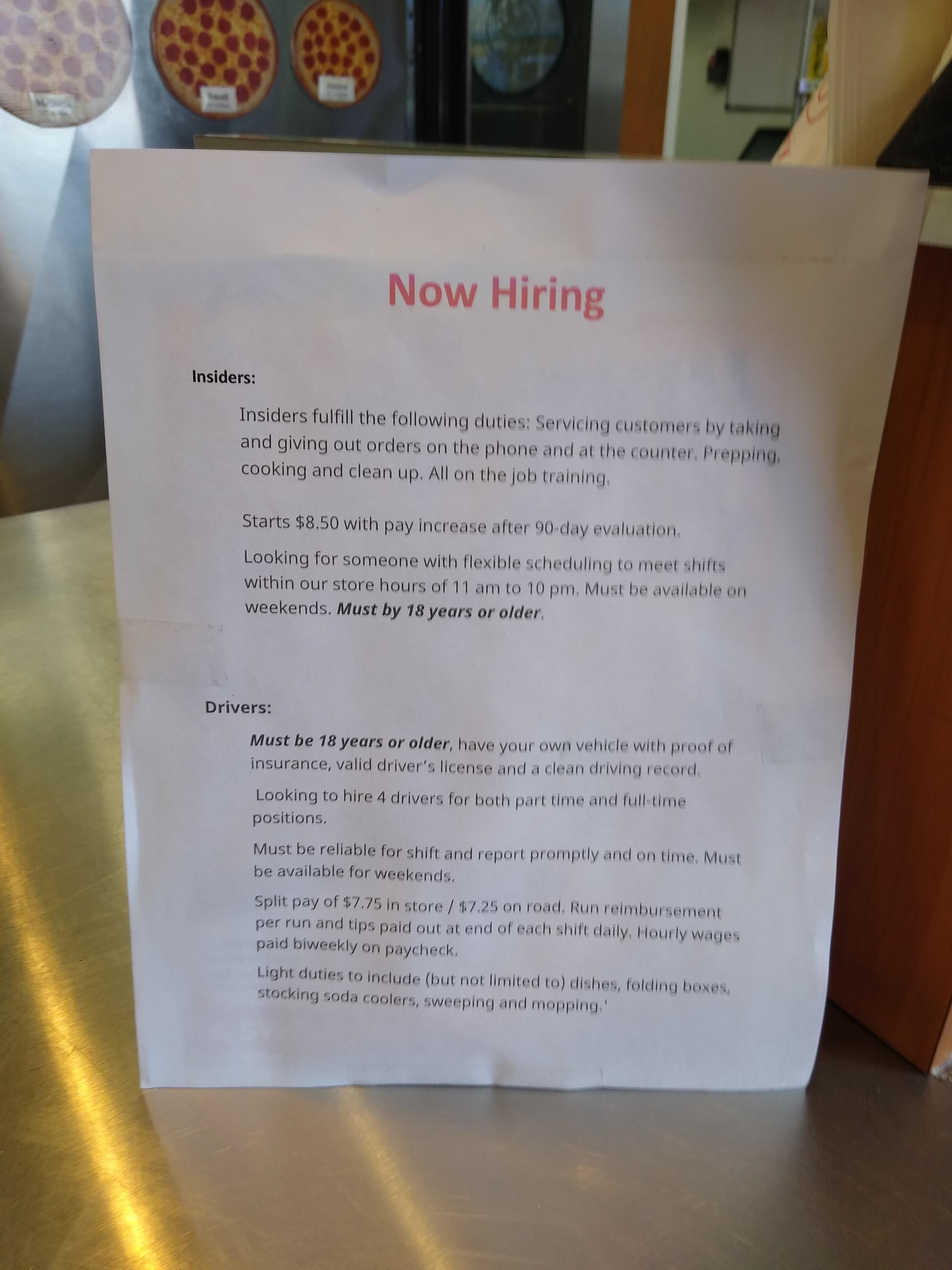In store job ad at Hungry Howie's. 8.50? Are you stupid? antiwork