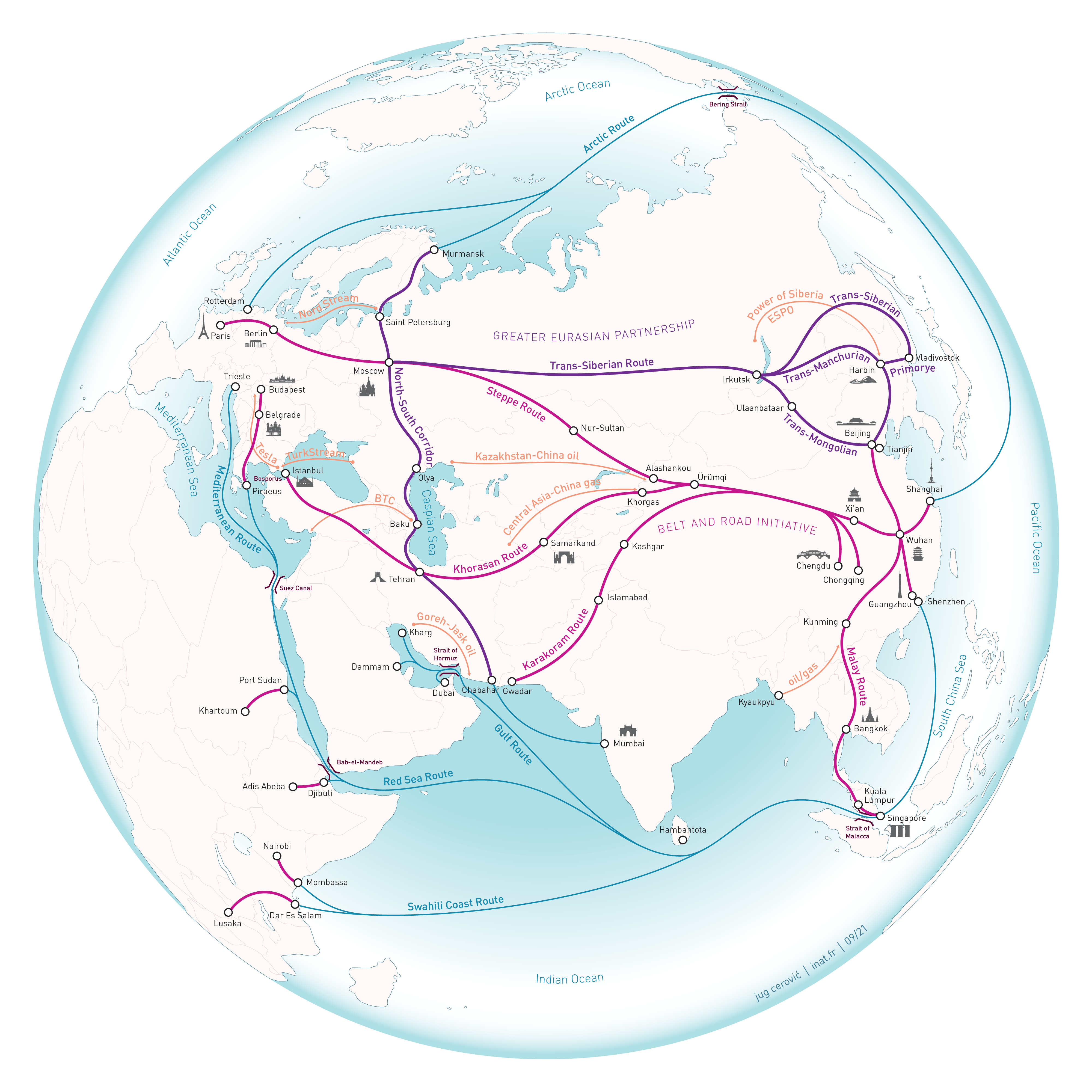 The New Silk Roads my map of Belt & Road Initiative + Greater Eurasian Partnership transport