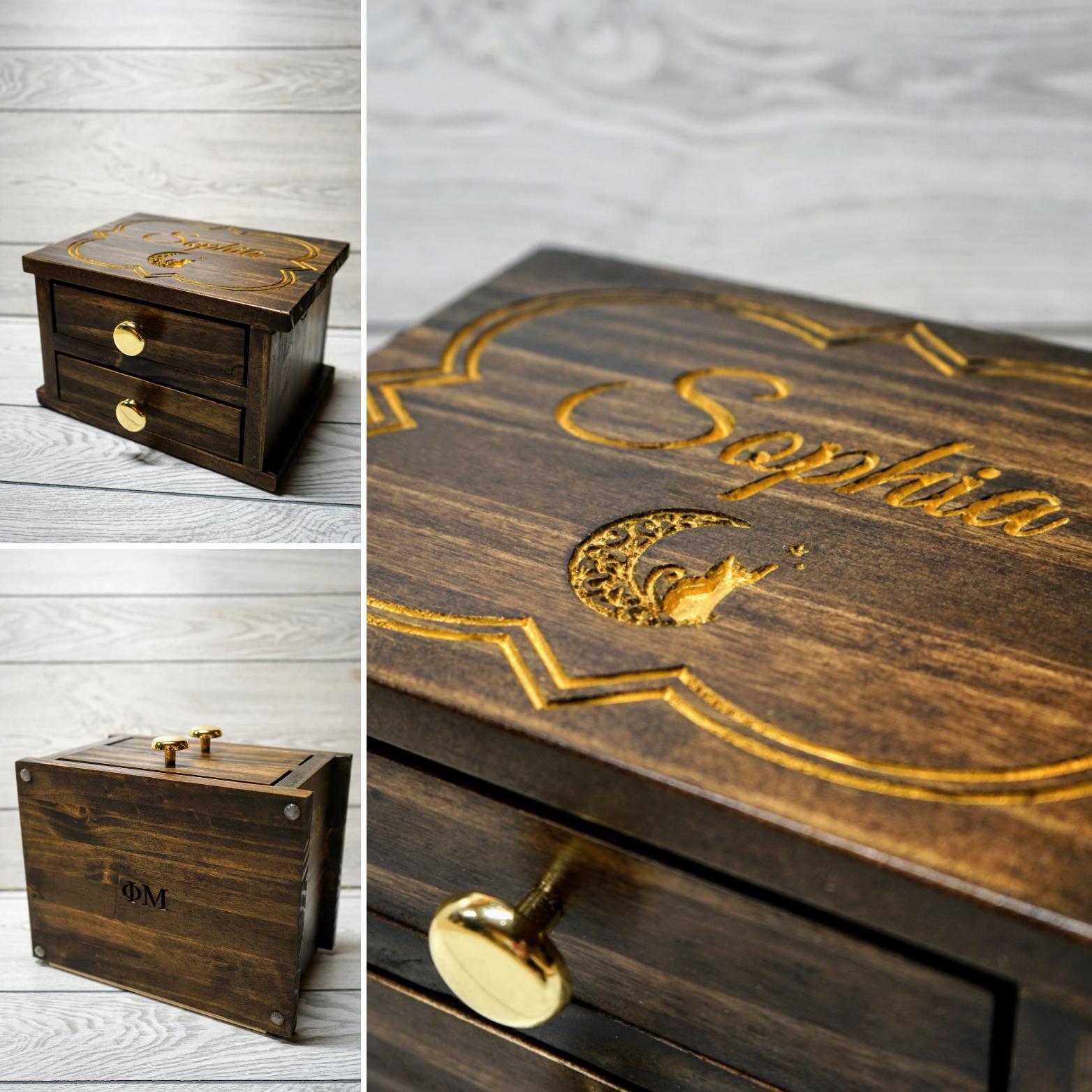 Jewelry Box Edge glued pine, dark walnut stain, gold painted