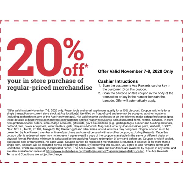 [Ace Hardware] Ace Hardware up to 20 off In Store Regular Price coupon